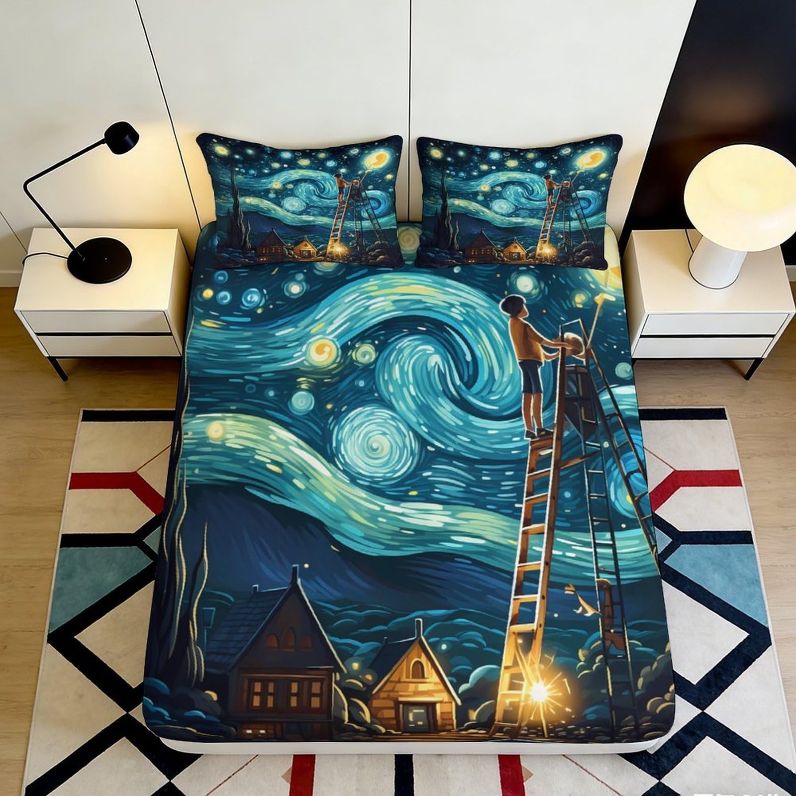 3D Printed Starry Night Galaxy Fitted Sheet Microfiber Soft Artistic Cosmic Sky Bed Cover for Bedroom Dorm Decor 90x200x25cm