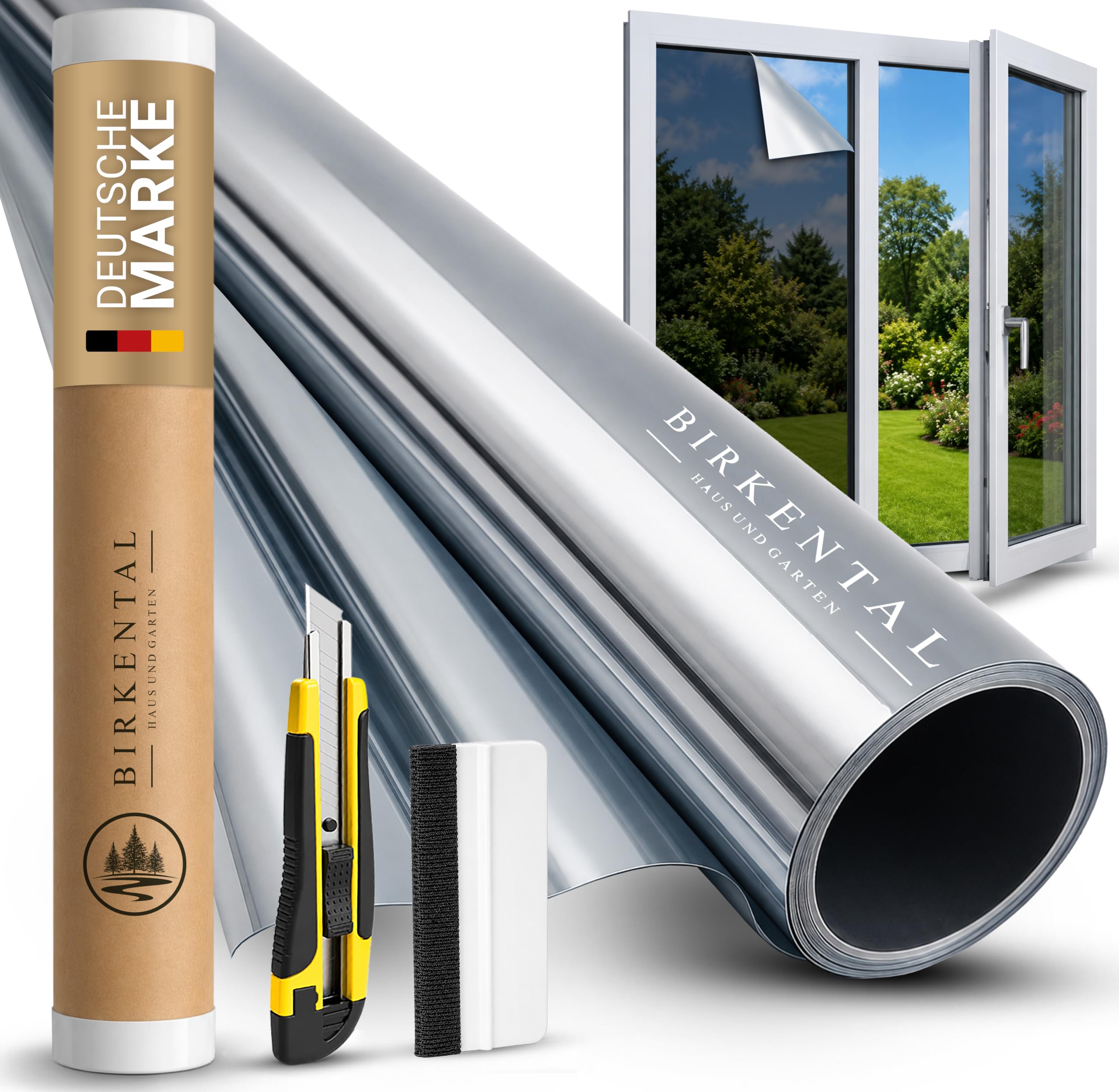 Birkental Film de protection solaire, pour fenêtre intérieure ou extérieure, protection UV, miroir, thermique, opaque, autocollant, 105 x 400 cm
