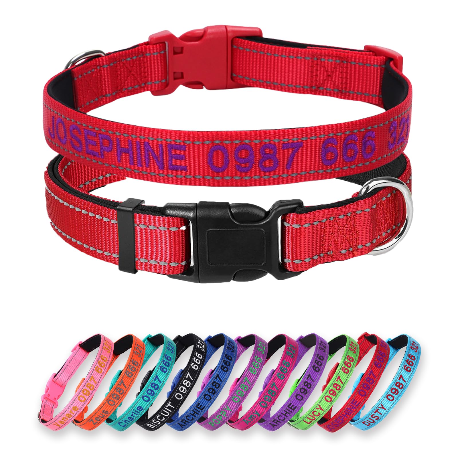 Custom Reflective Dog Collar - Personalized Embroidered Name & Phone Number - Soft Neoprene Padded & Breathable Nylon - Adjustable Fit for Large, Medium, Small Dog Puppies,Red