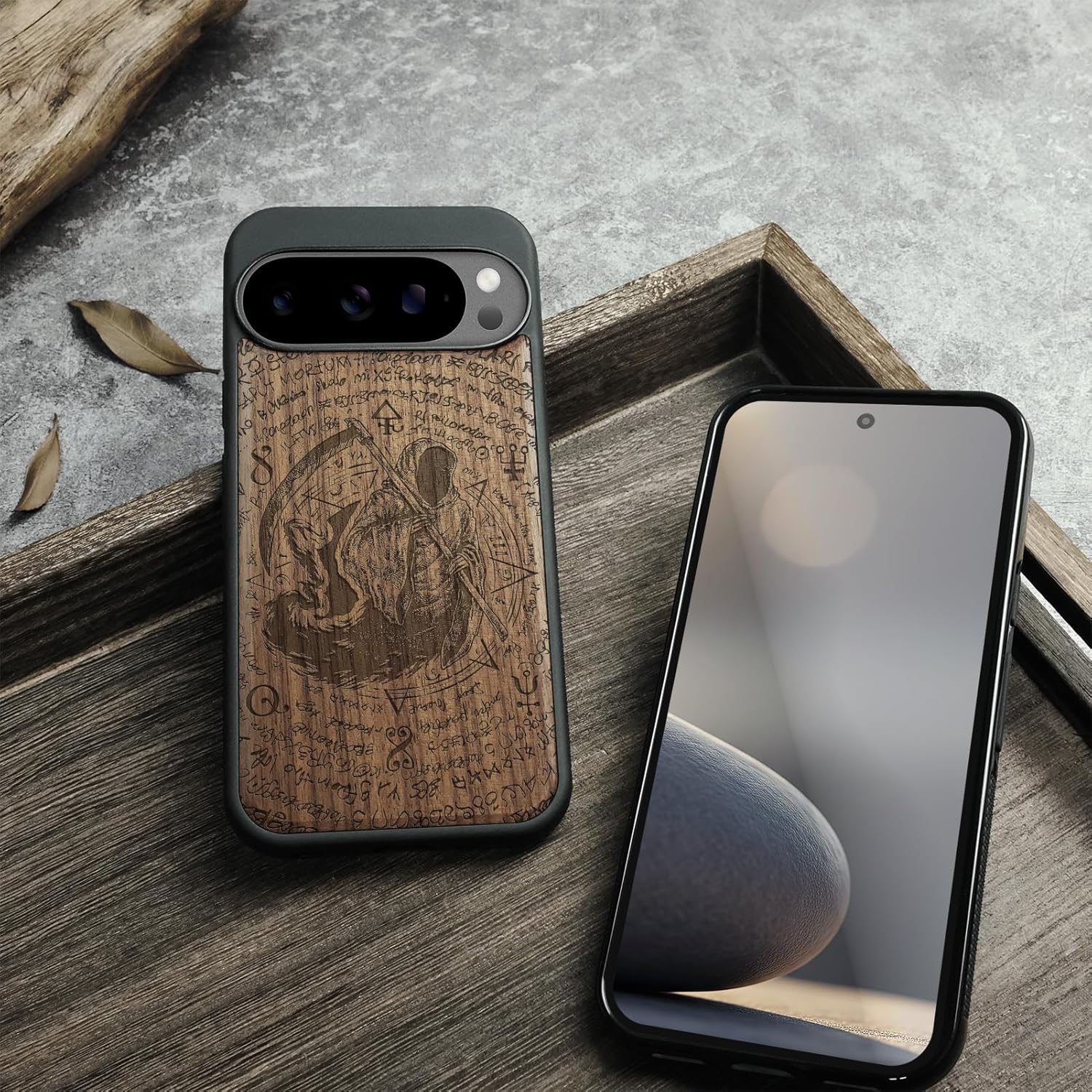 Carveit Magnetic Wooden Case for Google Pixel 10 / Pixel 10 Pro Case, Wood Artisan Engraved & Soft TPU Shockproof Cover, Compatible with MagSafe Wireless Chargers (The Grim Reaper of Carved) Walnut