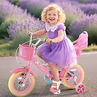 Vista 8 de XJD Bicicleta para niñas de 2 a 12 años de edad, bicicleta para niños de 12 a 20 pulgadas, con ruedas de entrenamiento y cesta Flor Rosa