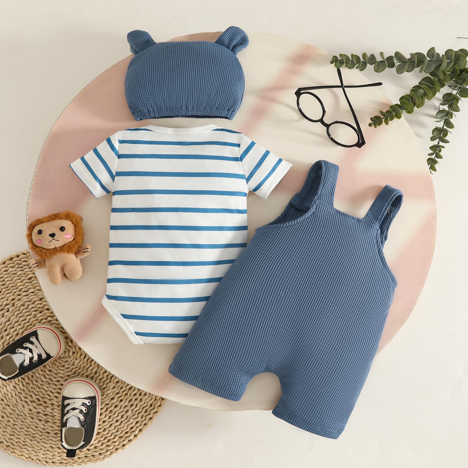 Ropa de Bebé Recién Nacidos Manga Corta a Rayas Mono Top+ Pantalones Cortos con Tirantes y Animales + Sombrero 3 Piezas Verano Conjuntos — view 3