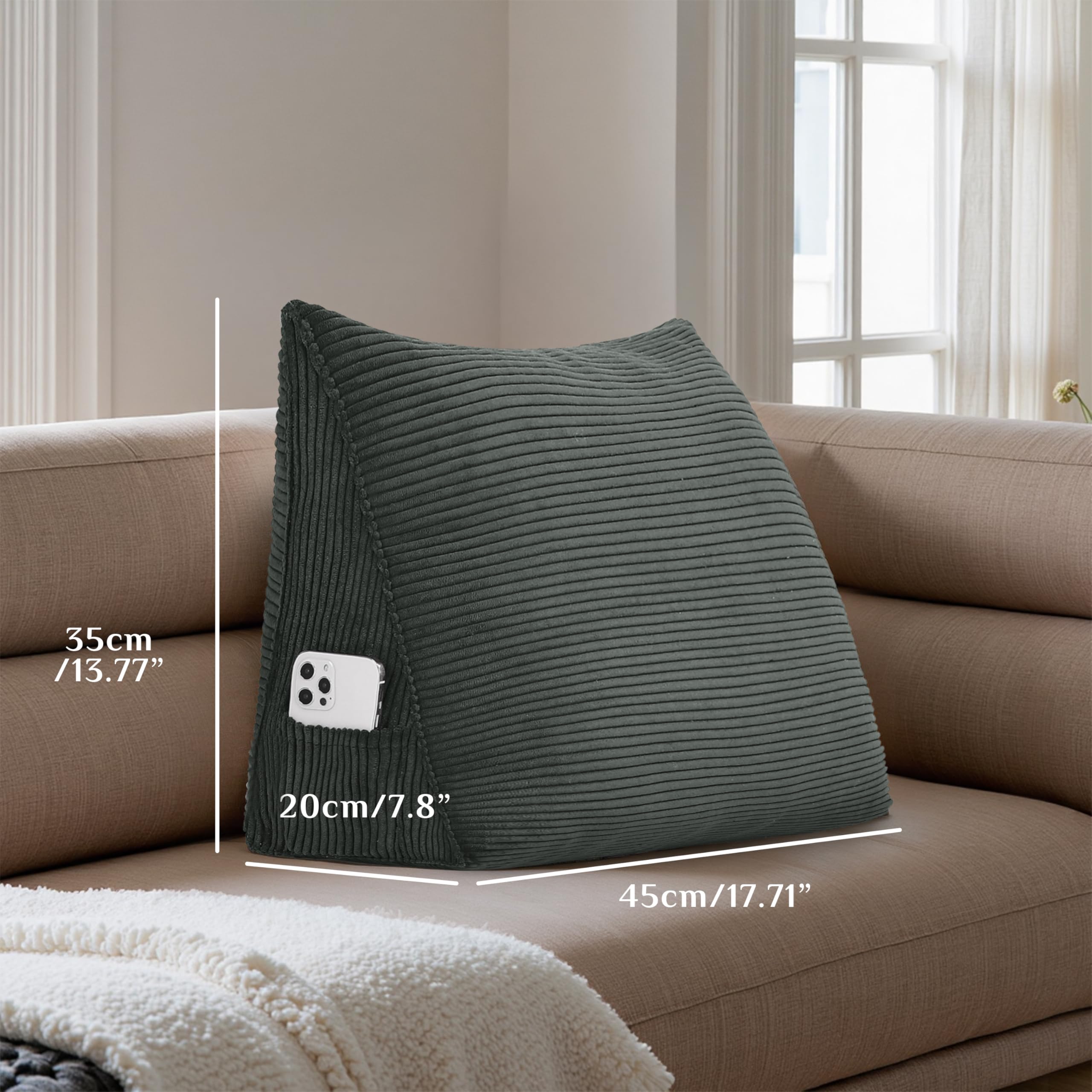 Almohada de cuña de corduroy - Cojín triangular de respaldo para cama y sofá, almohada de apoyo para la lectura, respaldo ergonómico, funda extraíble y lavable (Gris oscuro, 45x35x20cm)