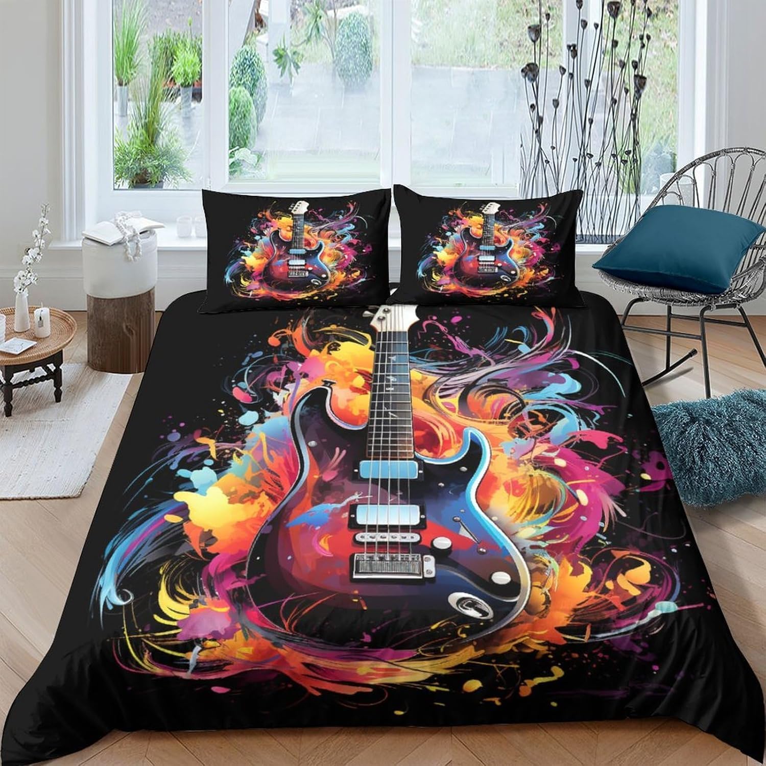 Housse de couette 260x240 avec fermeture éclair motif guitare et taies 3D