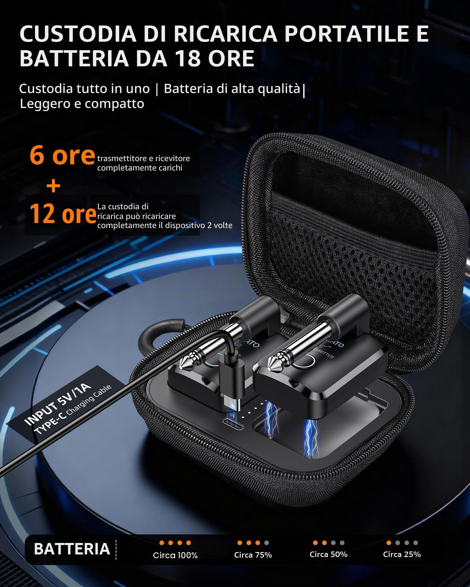 LEKATO Sistema per chitarra wireless con custodia di ricarica, ricevitore trasmettitore per chitarra con autonomia di 18 ore, jack per chitarra ricaricabile senza fili con custodia portatile per