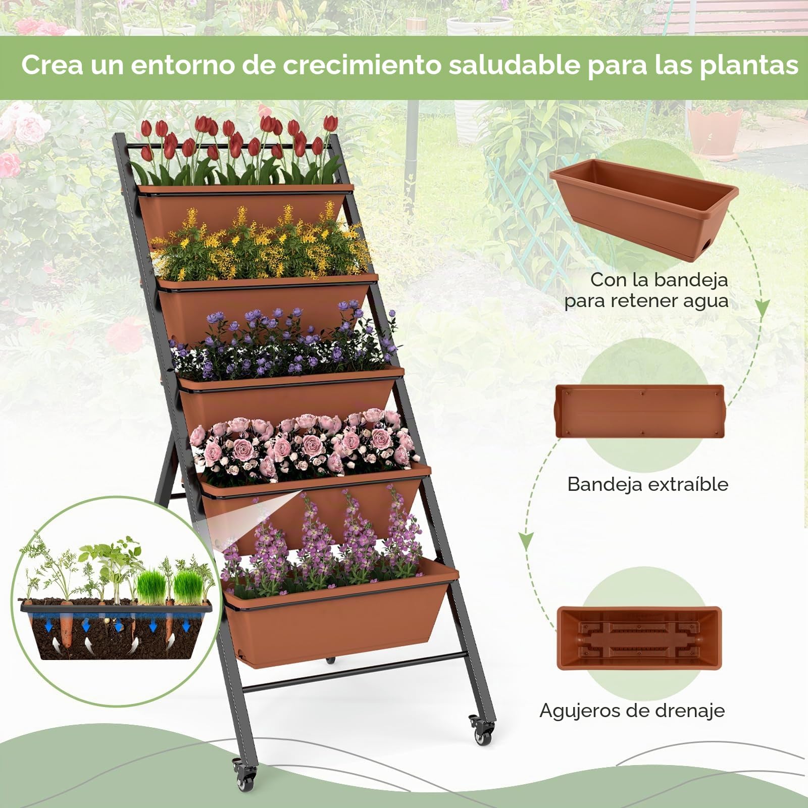 HOMASIS Jardinera de Balcón de 5 Estantes con 4 Ruedas, Estante para Plantas con 2 Ruedas con Freno, Carro para Plantas, Flores, Verde, Jardín, Balcón, Jardinera de Patio (Marrón, 57 x 74 x 132 cm)