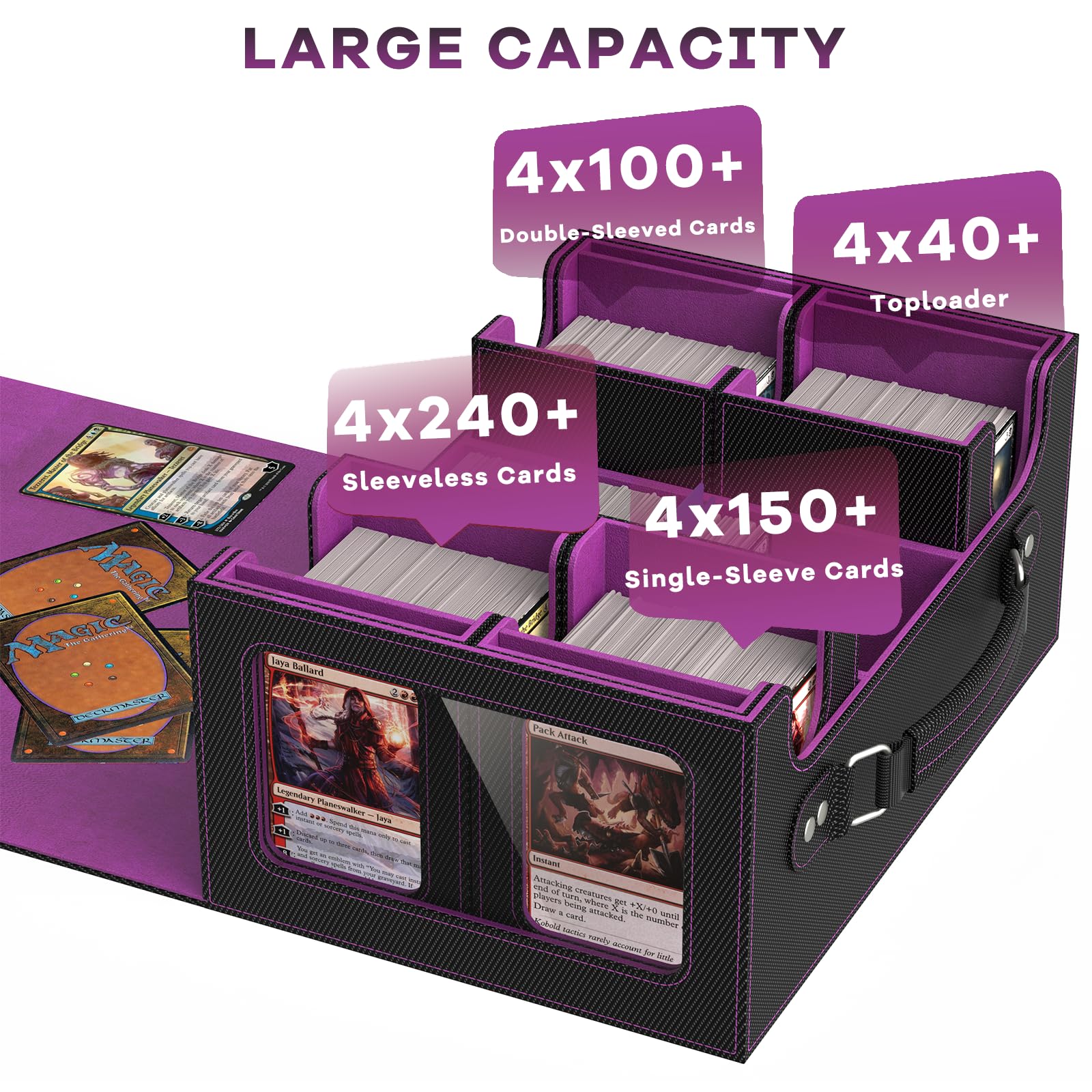 Scatola per carte MTG con display Commander, scatola per carte 4 in 1, adatta a oltre 400 carte a doppia tasca, scatola portaoggetti rimovibile per TCG, 4 porta carte magnetiche, 4 divisori (nero e