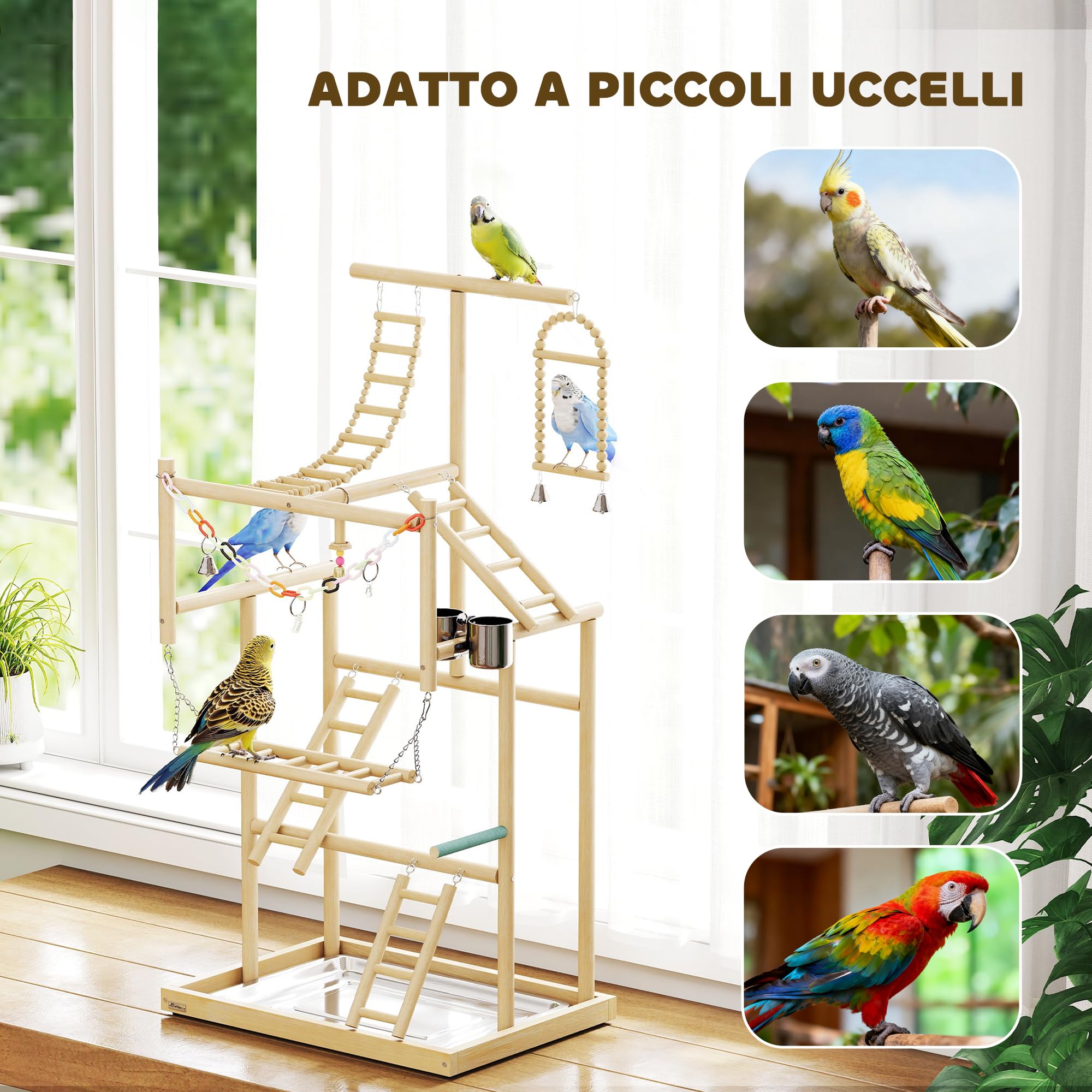 PawHut Trespolo per Pappagalli, Parco Giochi per Uccelli con Scale, Catene, Ciotole, Vassoio Rimovibile e Posatoi, per Parrocchetti, Cocorite e Conuri, Legno Naturale