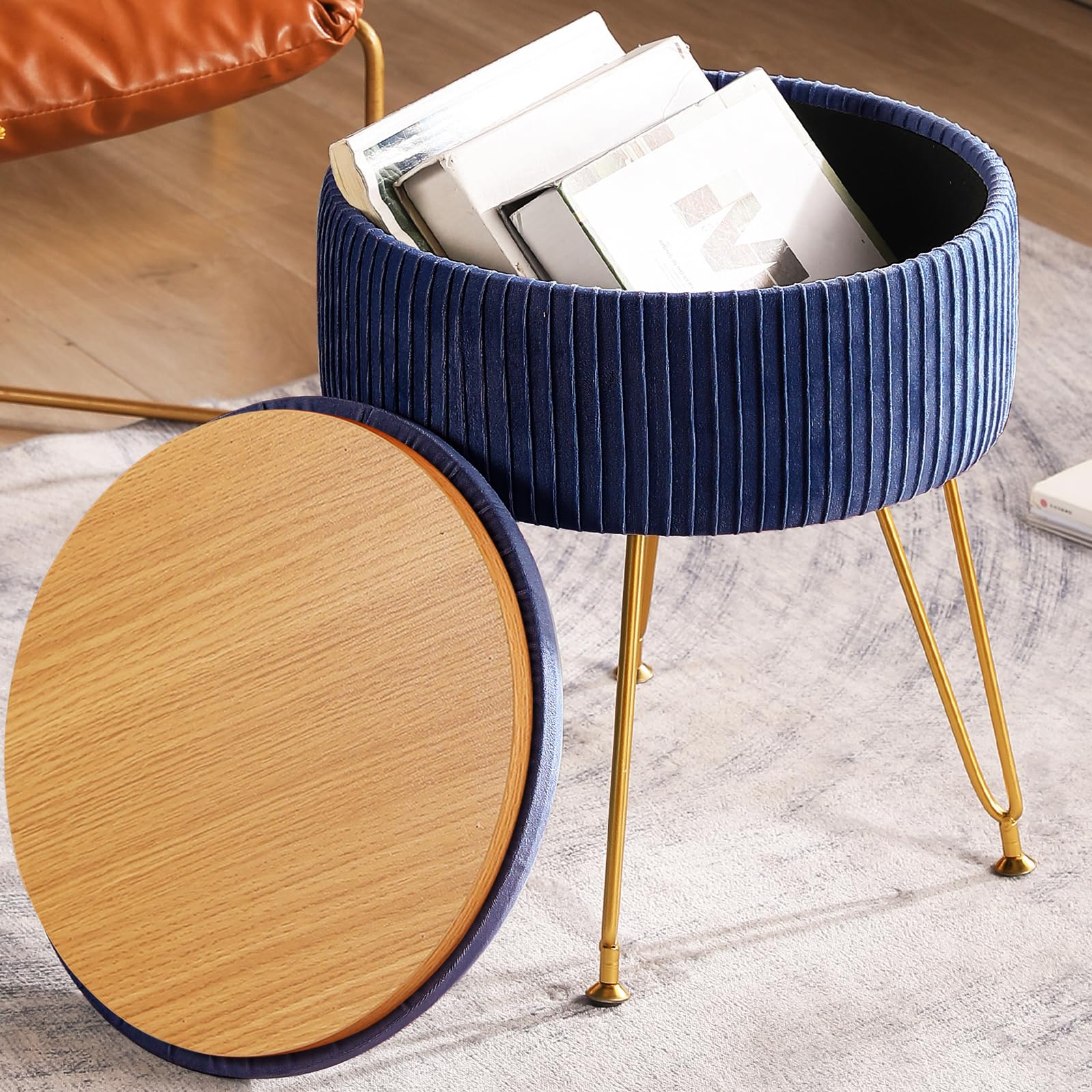 CUYOCA Ottoman with Storage Vanity Stool for Makeup Room, Round