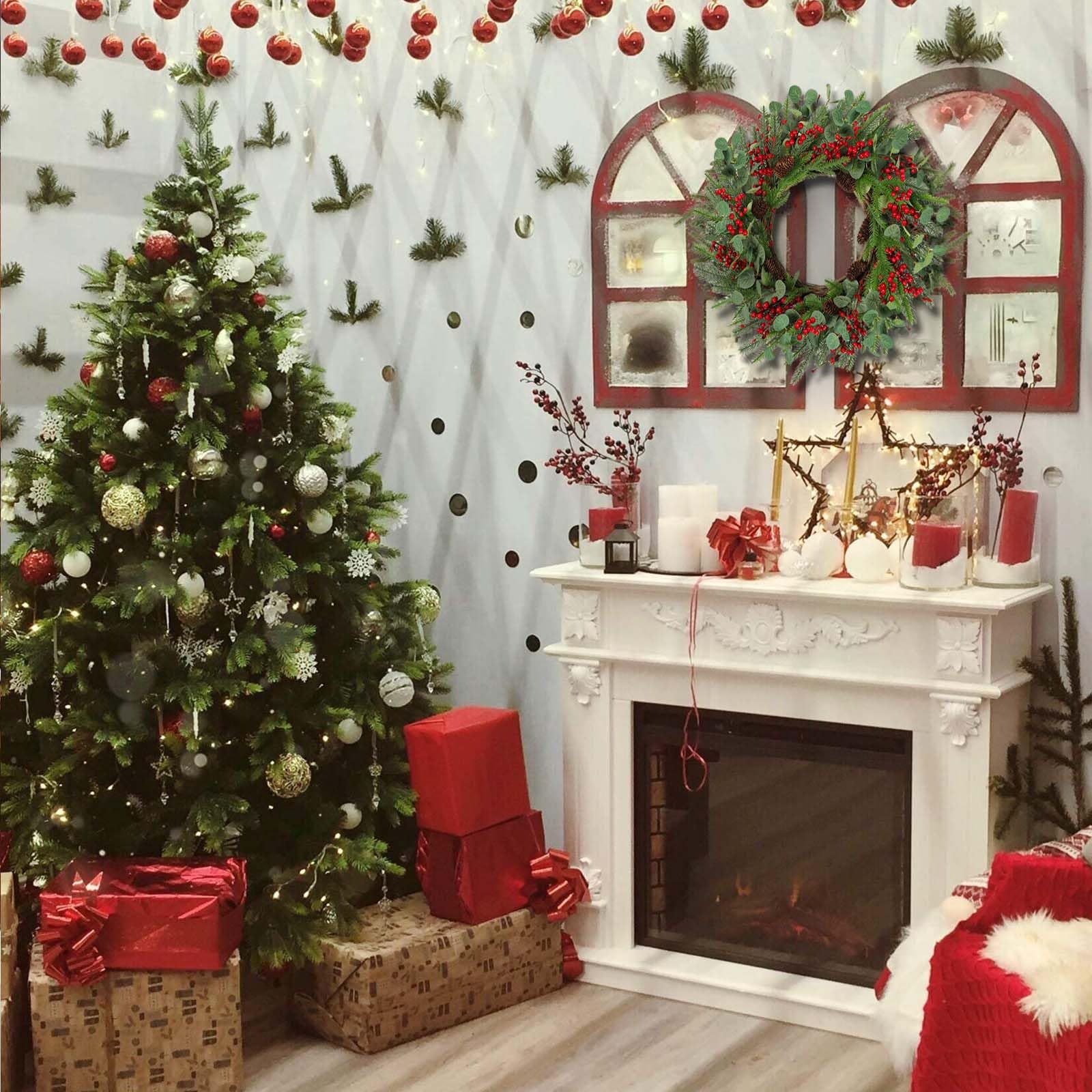 Betylifoy Weihnachtskranz Türkranz Weihnachten 60CM mit Beeren Tannenzapfen | Großer Weihnachtstürkranz Eukalyptus Girlande für Weihnachten Winter Haustür Kamin Dekorationen