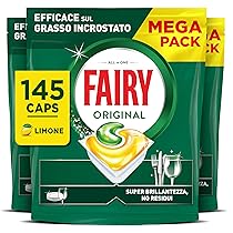 Fairy Original Pastiglie Lavastoviglie, 145 Capsule, Limone, Detersivo Con Azione Pulente Al Primo Lavaggio, Efficace Sul Grasso Incrostato Con Azione Brillante