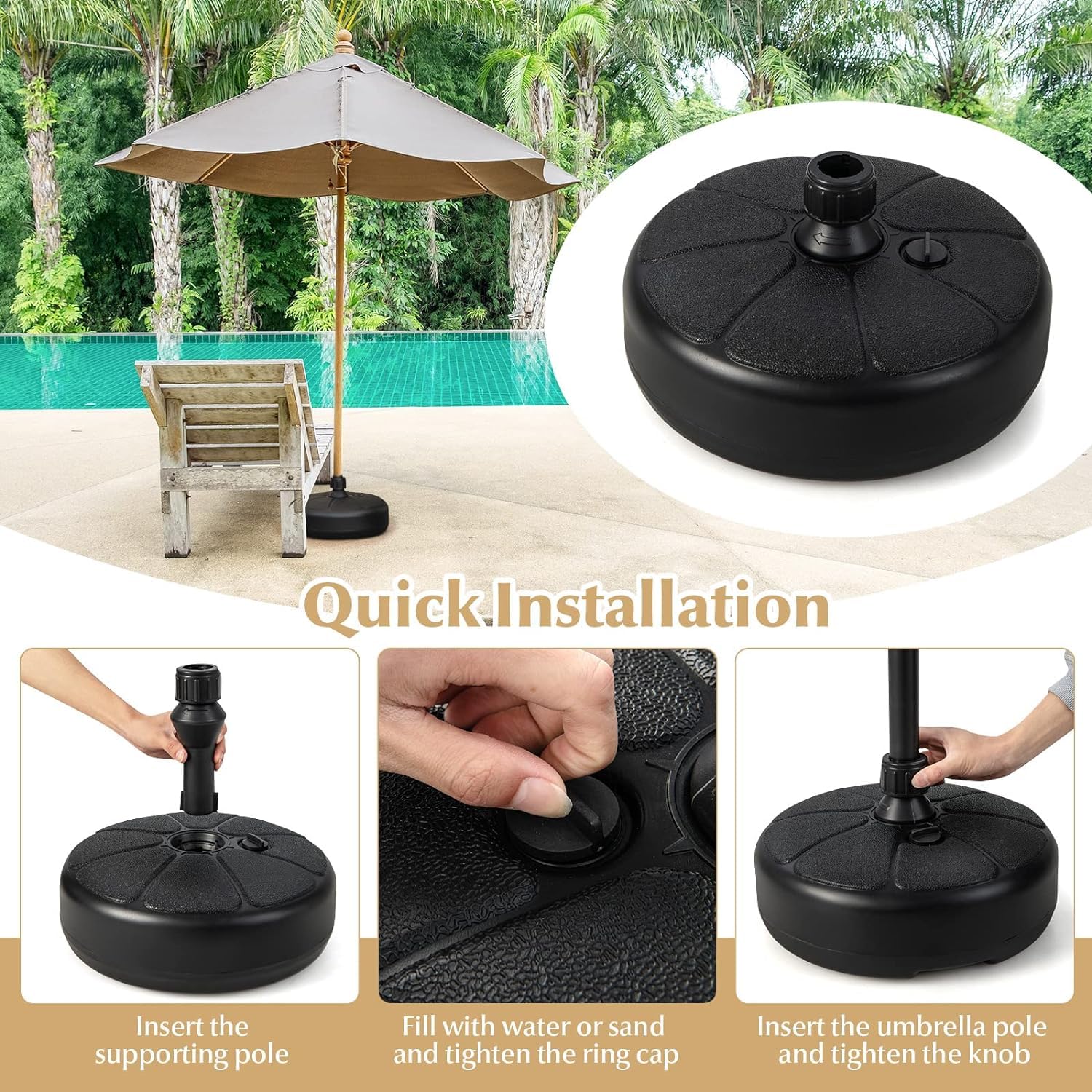 Questa Base per ombrellone Rotonda Resistente da 18 kg con palo da 38 mm, riempibile con Acqua e Sabbia, con Maniglia Integrata, è Ideale per tavoli da Mercato all'aperto.