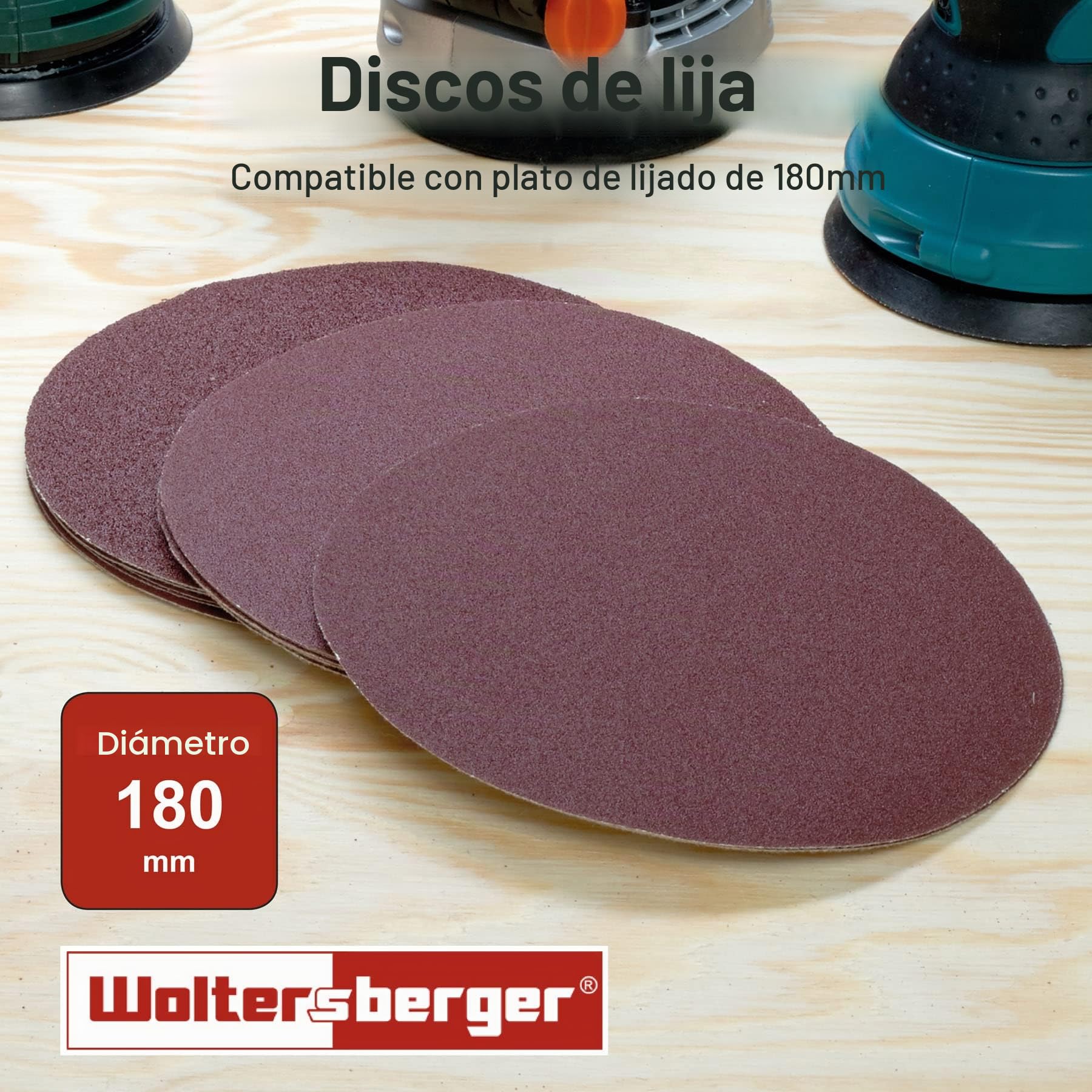 Woltersberger® Discos de lija 50 piezas Ø 180 mm | grano tamaño P40, P80, P100, P180, P320 | sin orificio en rojo