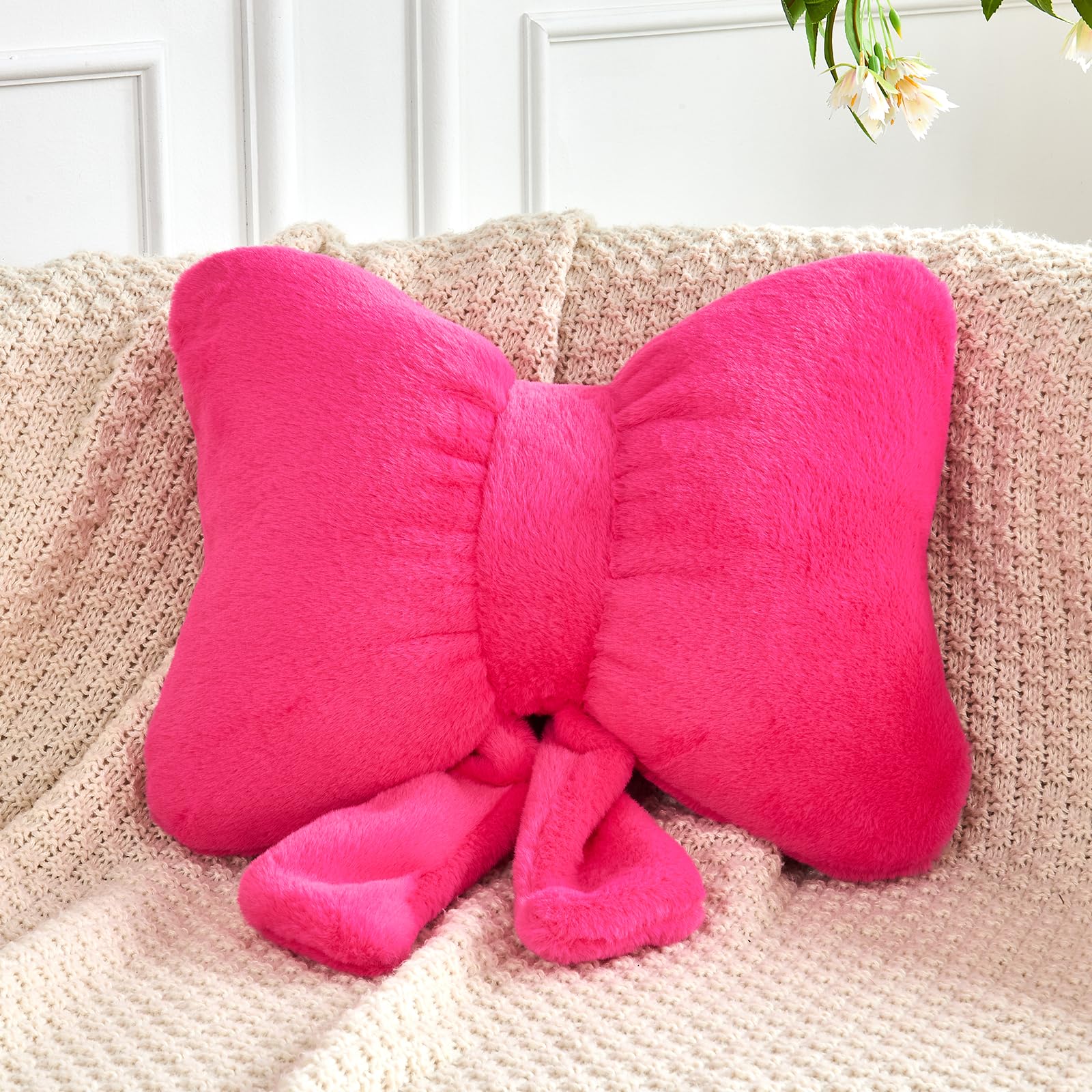 XVTRU Hot Pink Bow Pillow, Soft Bow Decorative Pillows with Faux Rabbit Fur, Cute 12" Bow Throw Pillows, Aesthetic Home Decor Bow Shaped Plush Pillow for Bedroom Sofa Couch
