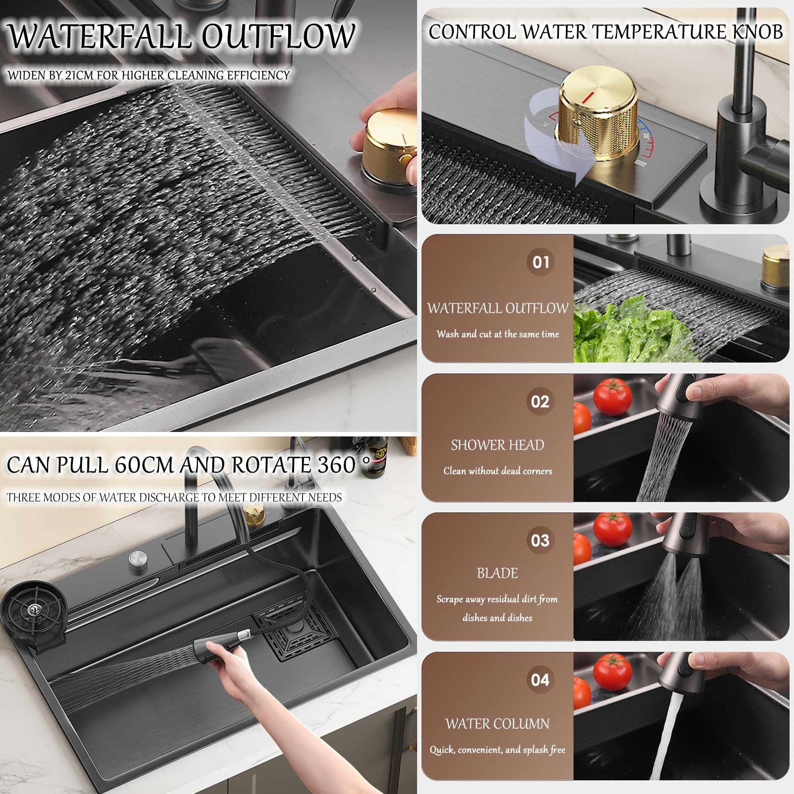 80x45cm Fregadero de cascada negro, fregadero de cocina multifuncional fregadero de acero inoxidable, 1 lavabo fregadero con grifo multifuncional y otros accesorios