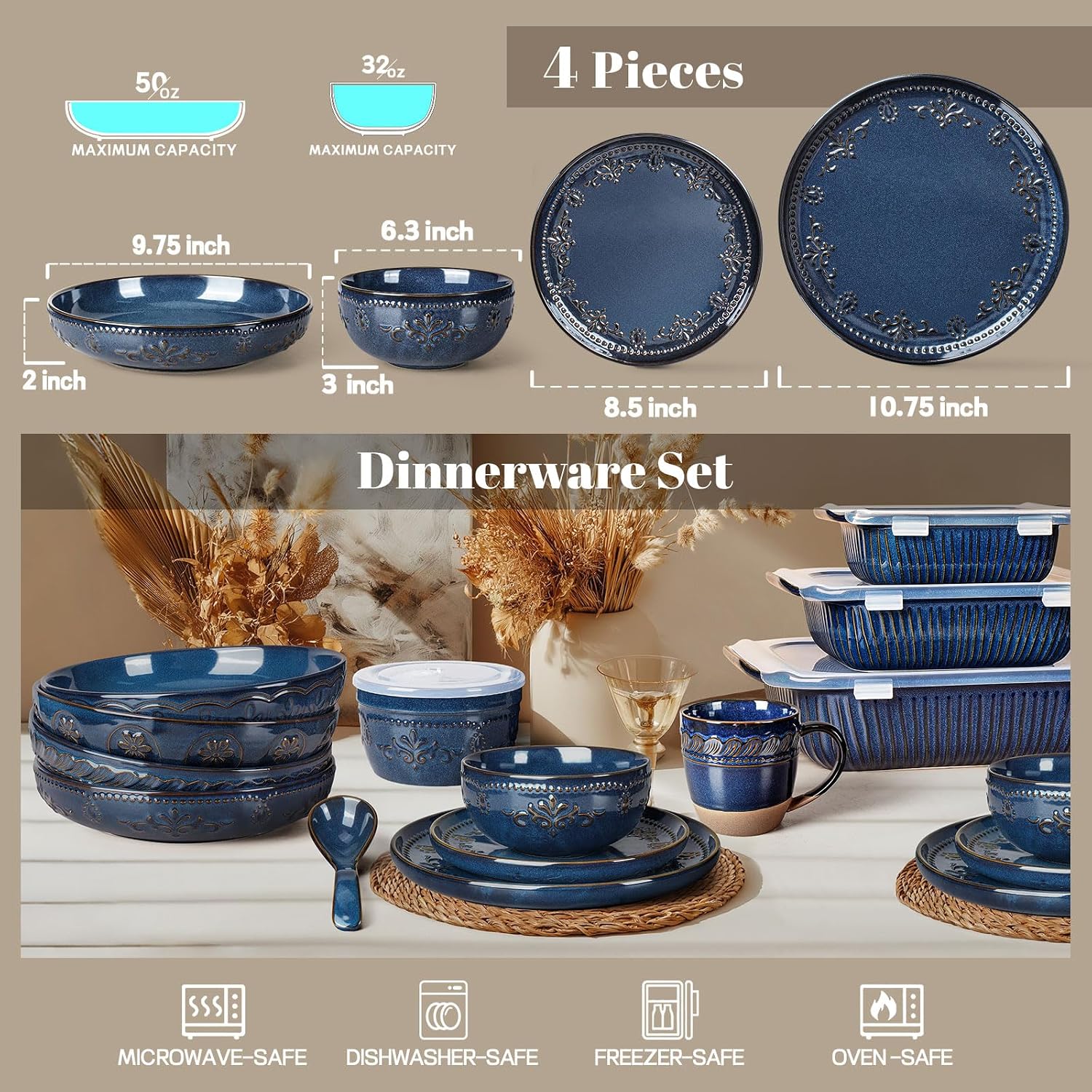 Artena 4-Piece Handcrafted Ceramic Dinnerware Set with Pasta Bowls, Service for 1 – Reactive Glaze Embossed Plates, Bowls & Mugs, Dishwasher & Microwave Safe, Blue, Damask Floral image 2