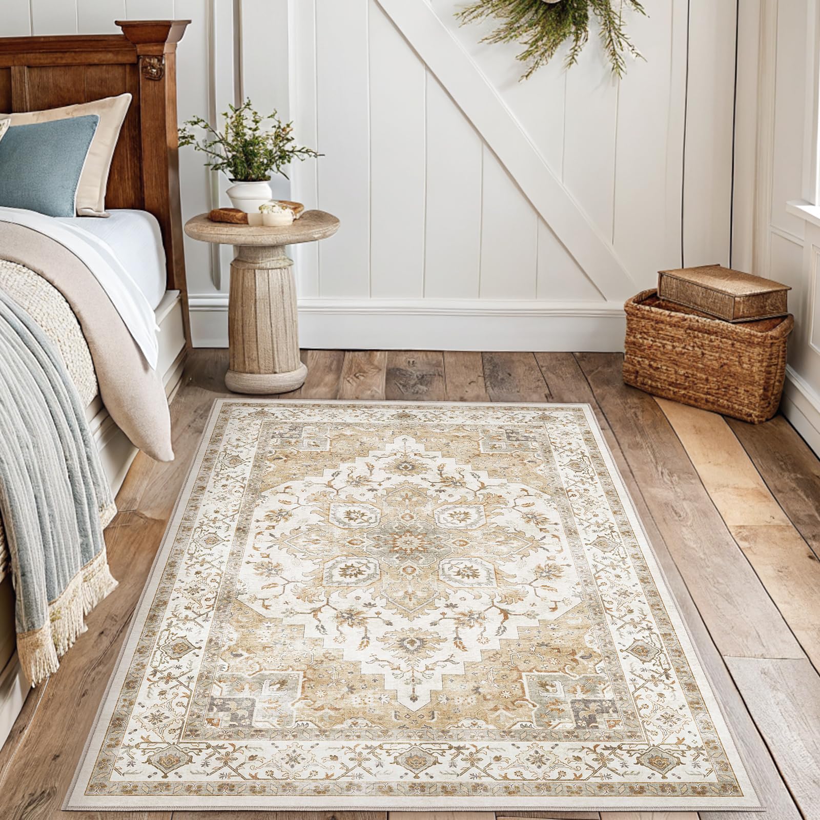Amada Vintage Beige Teppich Wohnzimmer 90x150cm Waschbar