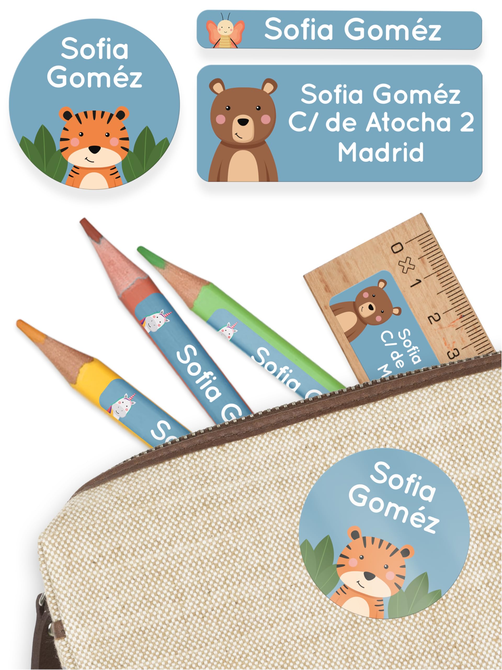 melu kids® Set etiquetas personalizadas para objetos de niños (50 piezas) - Etiquetas adhesivas personalizadas guardería y escuela - Pegatinas nombre impermeable y en diferentes tamaños - Azul