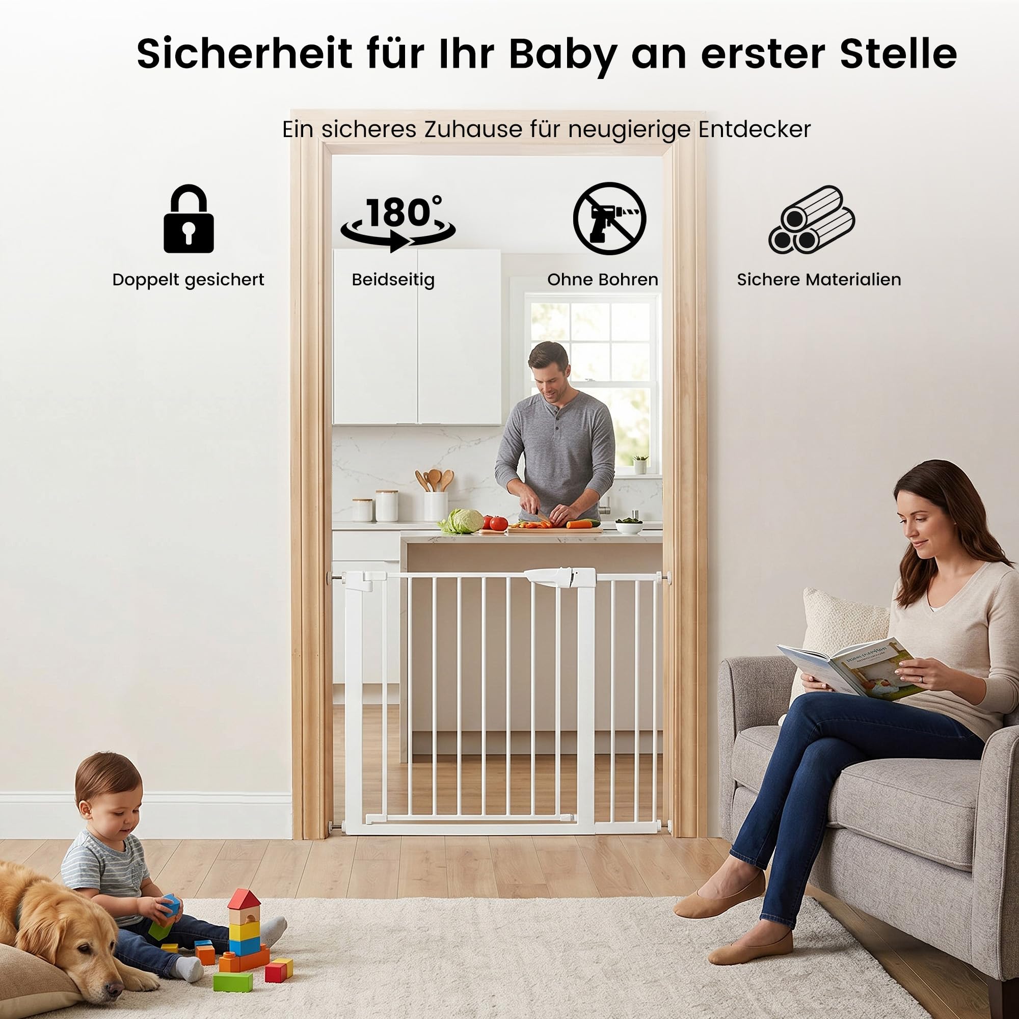 Treppenschutzgitter ohne Bohren, Türschutzgitter Kinderschutzgitter für Kinder und Haustiere, Verstellbare Breite 86-103 cm, Beidseitige Einhand Öffnung, Weiß