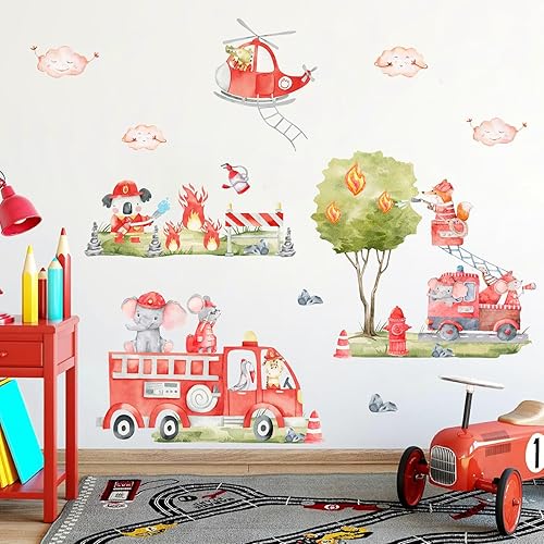 Miniatura 6 de Calcomanías de pared de camiones de bomberos, vehículos de transporte de animales del bosque, calcomanías de pared, calcomanías inspiradoras de
