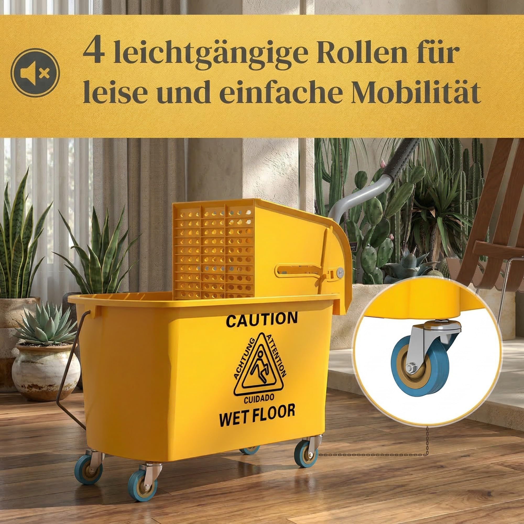 HOMCOM Reinigungswagen 20L mit Presse und Kehrgarnitur, Putzwagen Eimer mit Mopp und Rolle, Gelb