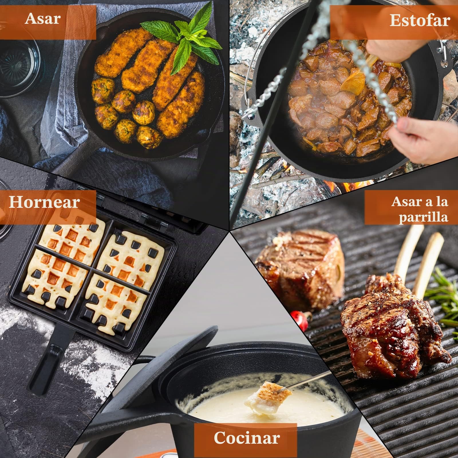 UISEBRT Dutch Oven Set 12 piezas en caja de madera, con Horno Holandés, muchos accesorios de hierro fundido, incluye cacerola, sartén y manoplas, para Camping Cocina Casera Barbacoa