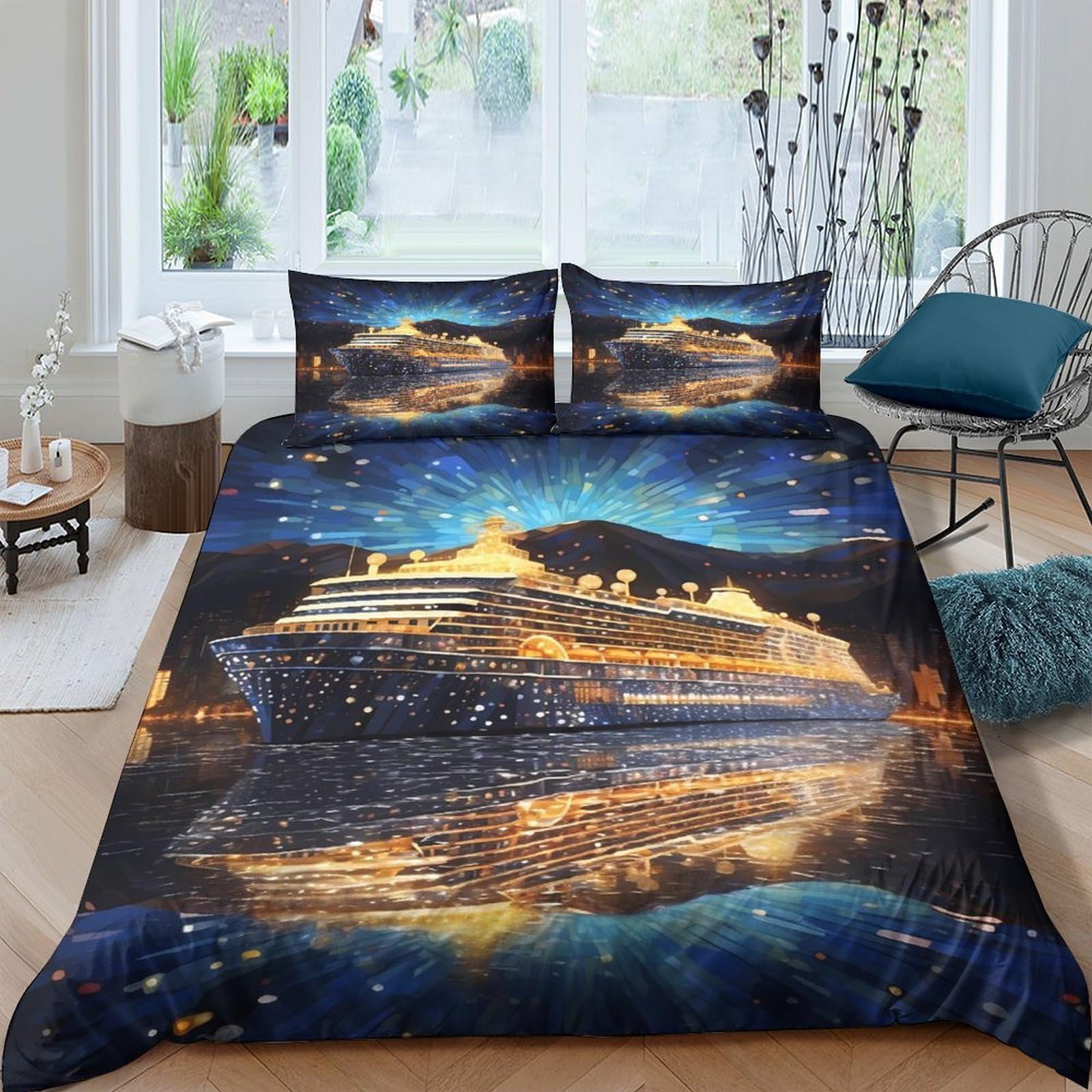 GPLZQXKJNH 3D Printed Cruise Ship Ocean Night Duvet Cover Set Microfiber Soft Breathable with 2 Pillowcases Bedroom Home Single（135x200cm）