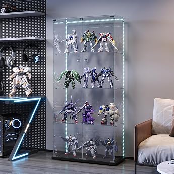 Glass Display Cabinet Standing with LED 4 Layers Glass Wood Glass Display Cabinet 2 Doors and Lock Display Cabinet Glass Cabinet Display Cabinet Collector's Display Cabinet Black 4 Levels 2 Doors + LED-2