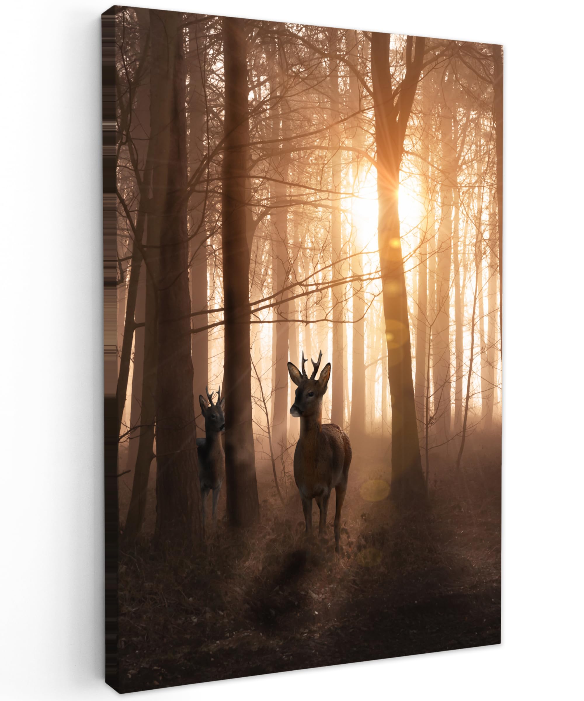 MuchoWow© Canvas Wall Art Work 31"x47" / 80x120 cm Room Decor Painting Wallfillers Picture Decoration Prints Forest - Deer - Sun - Trees - Winter - Nature - Animals — image 1