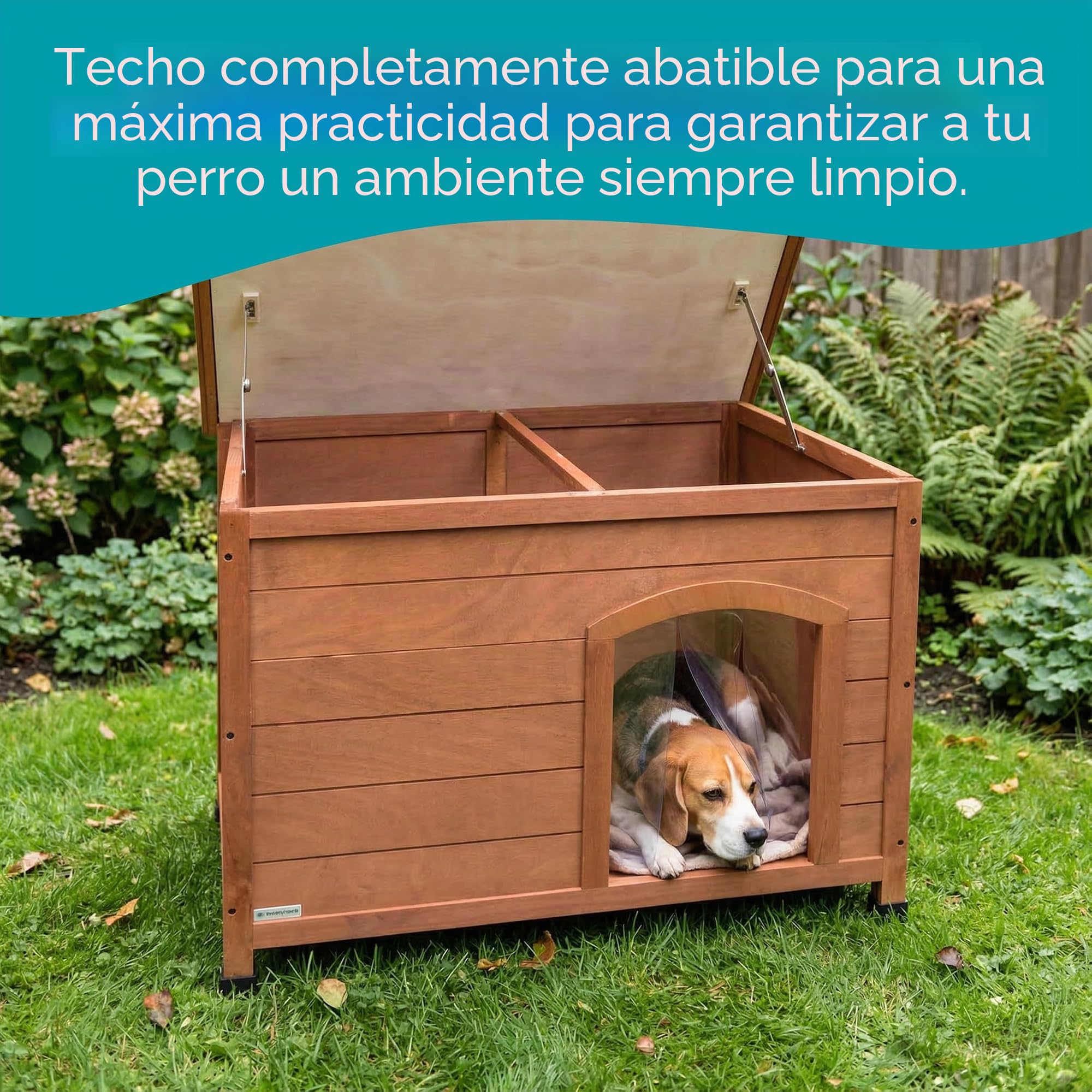 Aqpet Friends Baita - Caseta de Madera de Exterior para Perros con Techo abatible y Cortinas térmicas Incluidas, Mediana, 104 x 68 x 75 cm