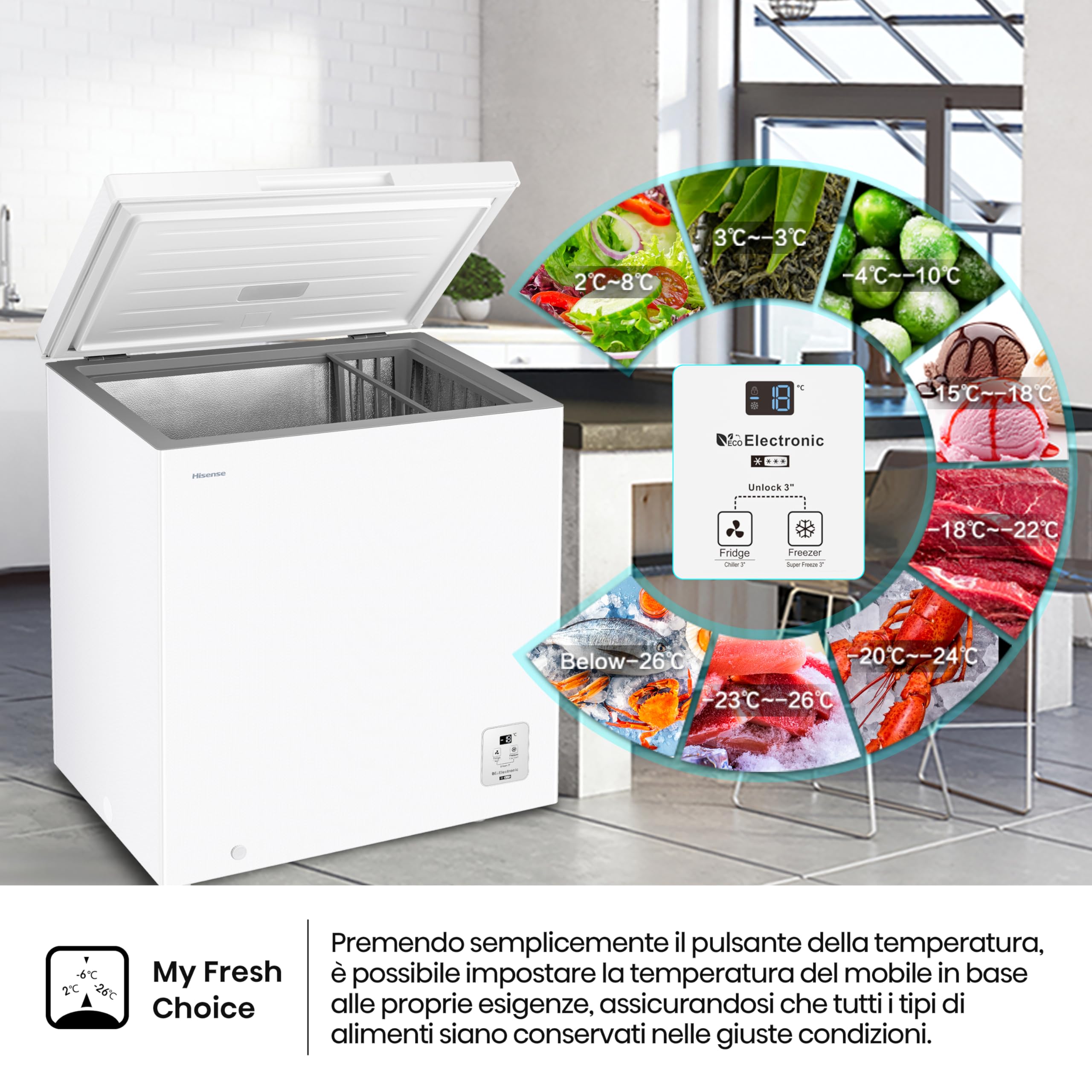 Hisense FT200N1AWE NUOVO Congelatore a pozzo 198 litri, Display Led, Super Silenzioso 40 db, classe E, (L*P*A): 78,7×55,9×85,8 cm, Bianco
