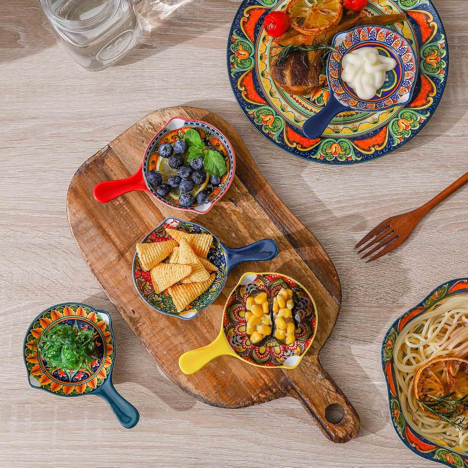 Henten Home 2 oz Ceramic Dipping Bowl with Handle, Boho Sauce Dish Set of 6, Colorful Salsa Bowls for Sushi, Condiment, Appetizer, Side Dishes, Dishwasher & Microwave Safe