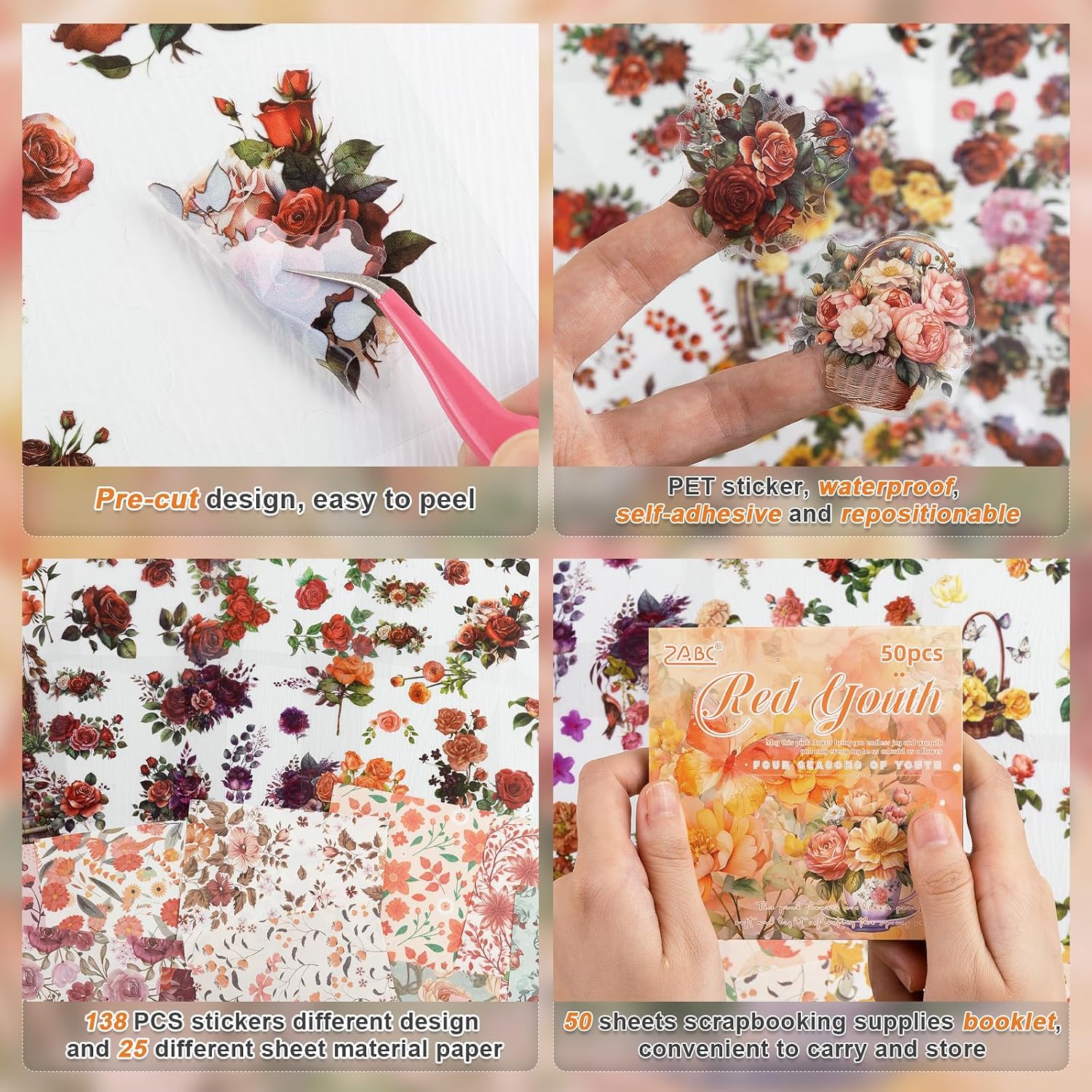 50 Sheets Red Flower Stickers and Scrapbooking Paper for Adult image 2