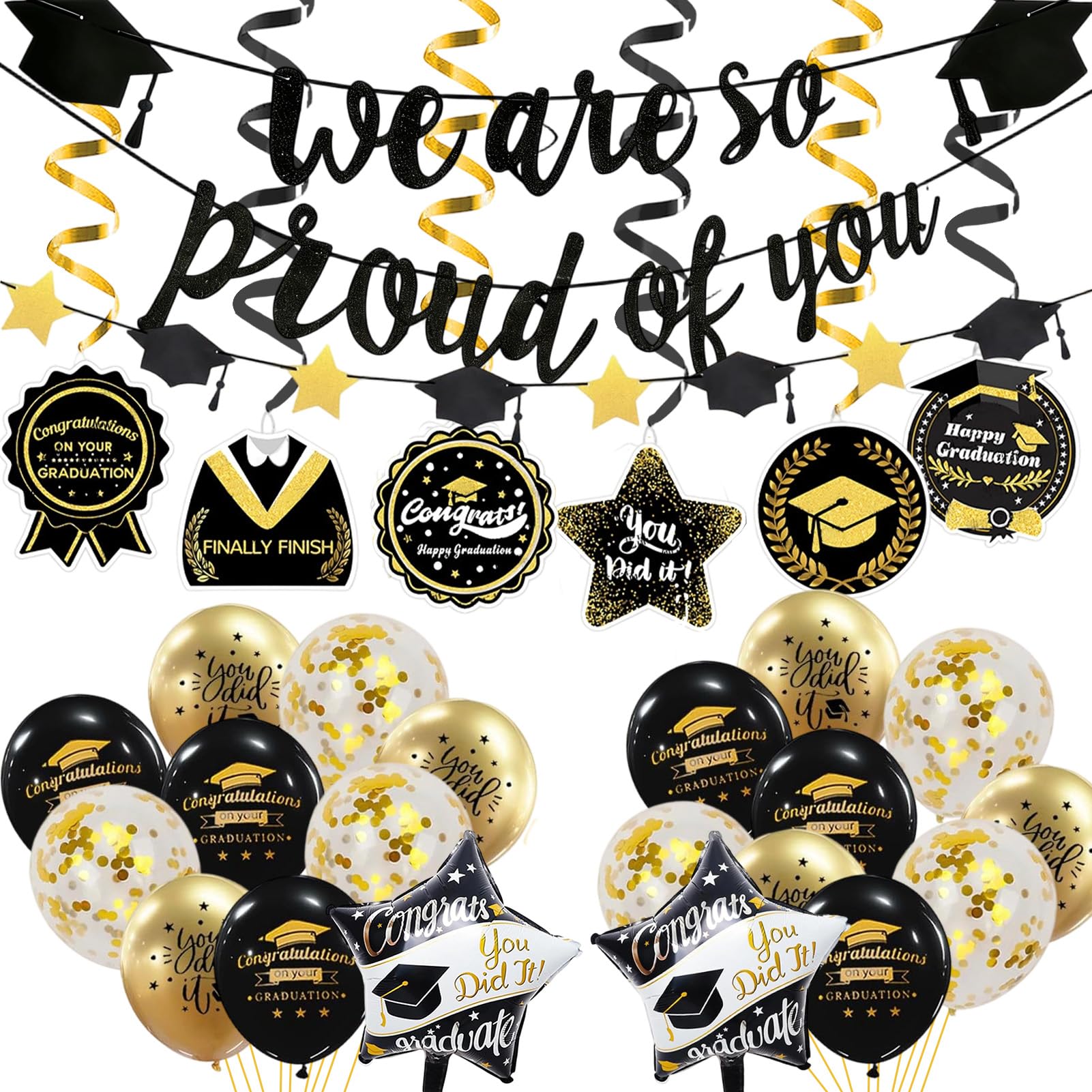 2026 Graduation Decorations Set with Black Gold Balloons Banners Graduation Props Hanging Swirls Class of 2026 Decorations