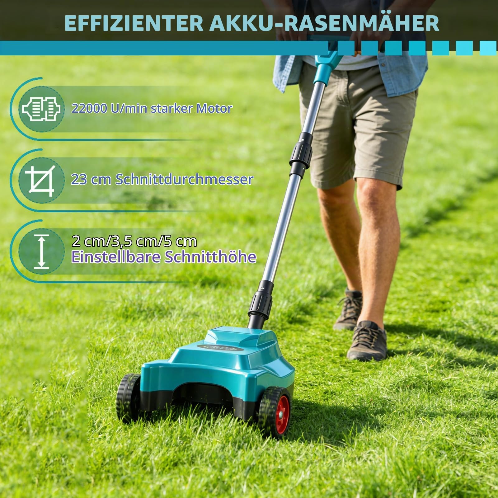 Akku-Rasenmäher für Makita 18V, 23 cm Schnittbreite, 3-stufige Schnitthöhe (20-50 mm), bürstenloser Motor, ideal für kleine Gärten bis 50 m² (ohne Akku)