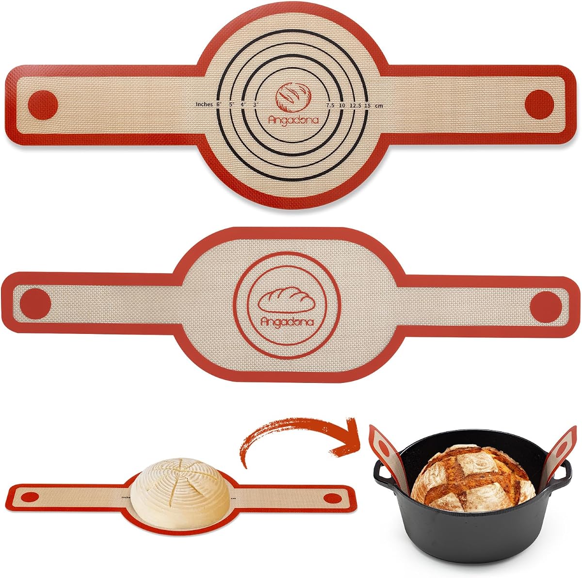 Eslinga de silicona para pan ovalada y redonda: tapete para hornear de silicona ovalada, reutilizable, antiadherente y fácil de limpiar, para horno holandés. Con asas largas, alfombrilla para hornear pan de masa fermentada, proveedor de herramientas, revestimiento, 2 juegos marrones