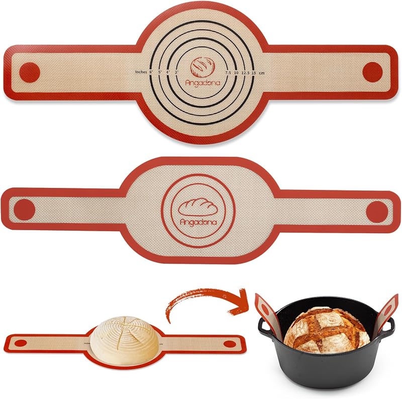 Eslinga de silicona para pan ovalada y redonda: tapete para hornear de silicona ovalada, reutilizable, antiadherente y fácil de limpiar, para horno holandés. Con asas largas, alfombrilla para hornear pan de masa fermentada, proveedor de herramientas, revestimiento, 2 juegos marrones