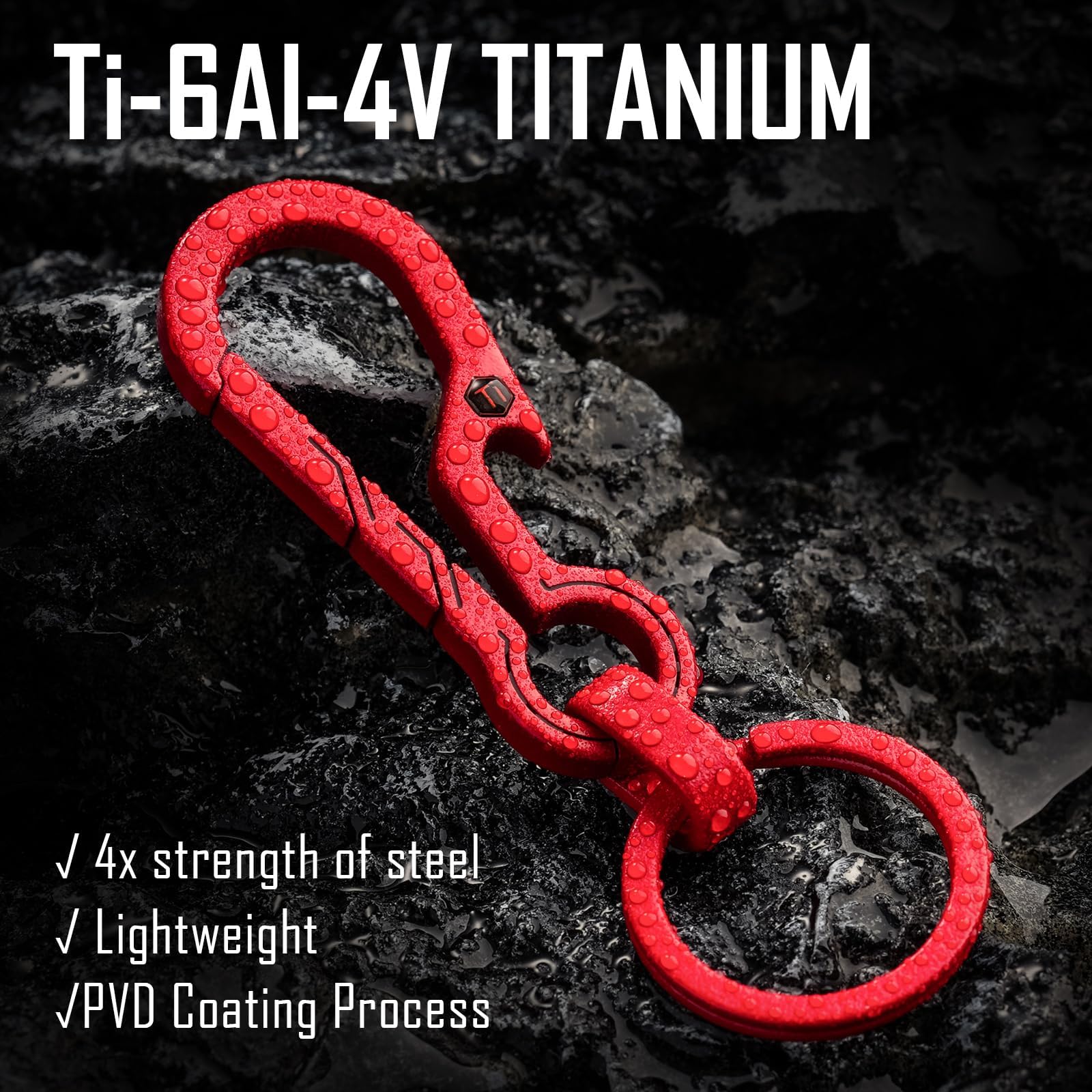KeyUnity KM01 Titanium EDC Keychain Clip with Bottle Opener, Quick Release Carabiner Key Ring Holder (Red) - Image 3