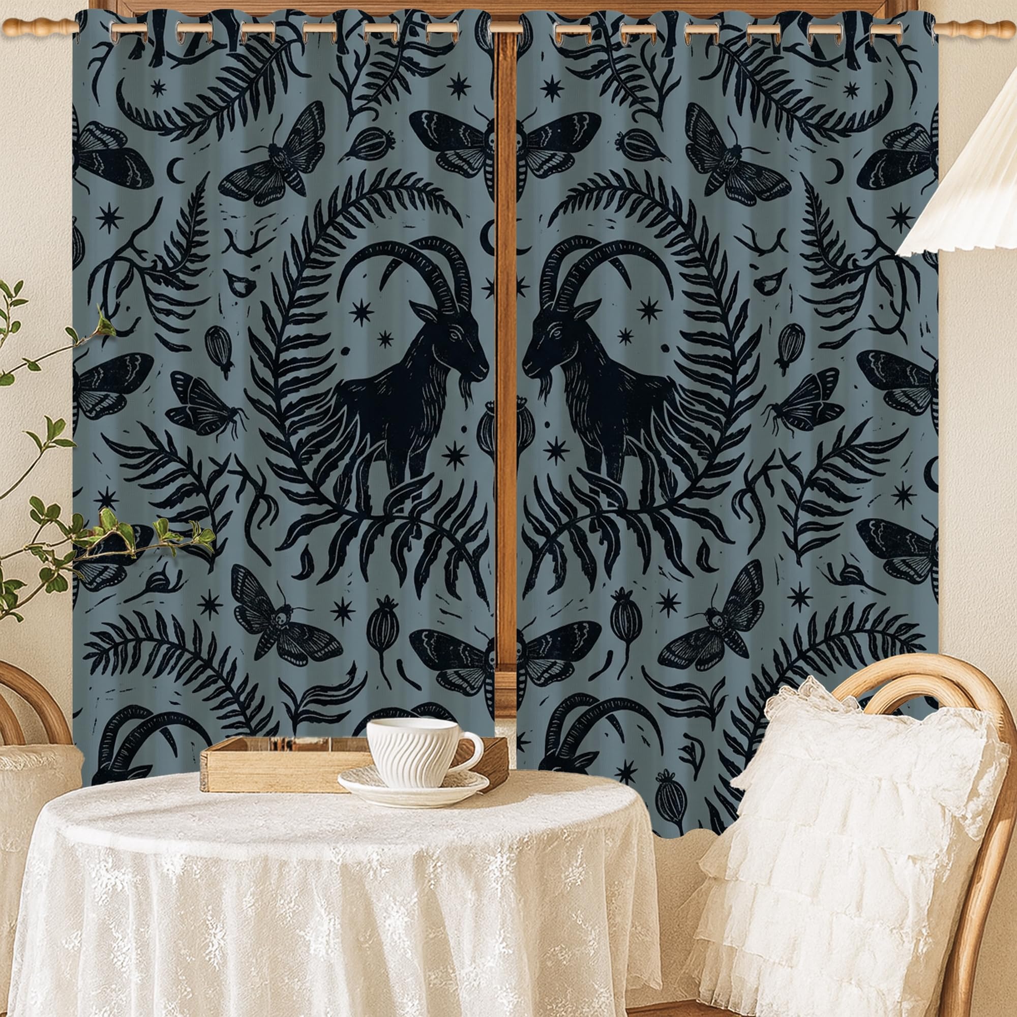 Rideaux occultants noirs imprimés motif chèvre bohème isolation thermique cuisine et salon