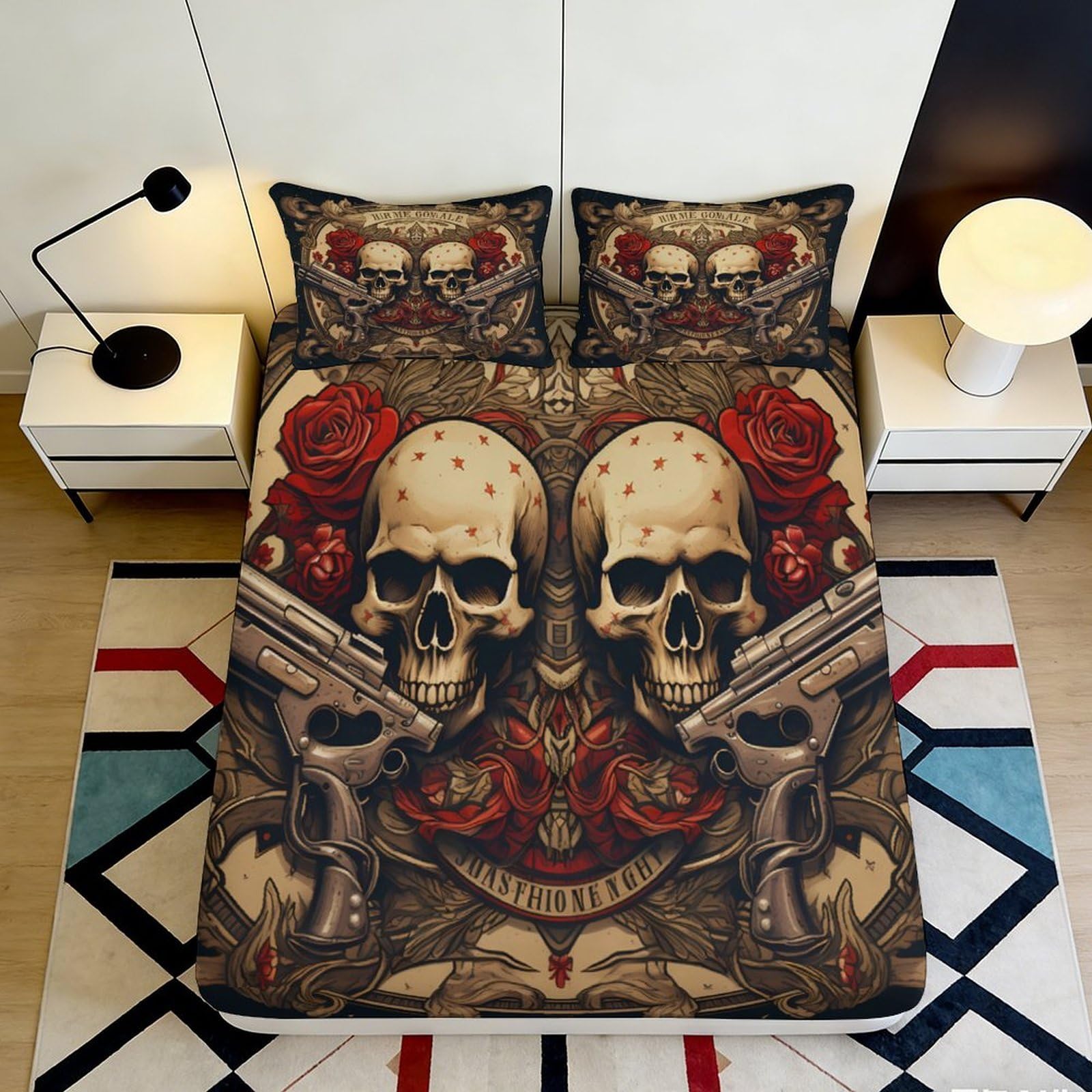 3D Printed Skull Rose Fitted Sheet Microfiber Soft Anti-Slip Gun Pattern Mattress Cover Bedroom Dorm Decor 90x200x25cm