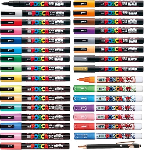 Uni Paint Marker Poster Color All Color Marcador Rotulador de Punto Fino PC-3M 31 Colores Set 17 Estándar y 7 Natural y 7 Brillantina Con Lápiz