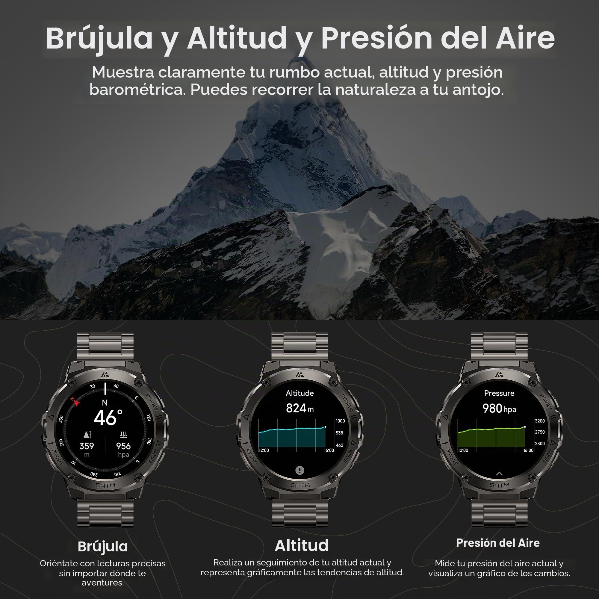 Relojes inteligentes para hombre, GPS, presión, altitud, brújula, batería extragrande de 480 mAh, resistente al agua hasta 50 m, cuerpo de metal completo, reloj inteligente resistente