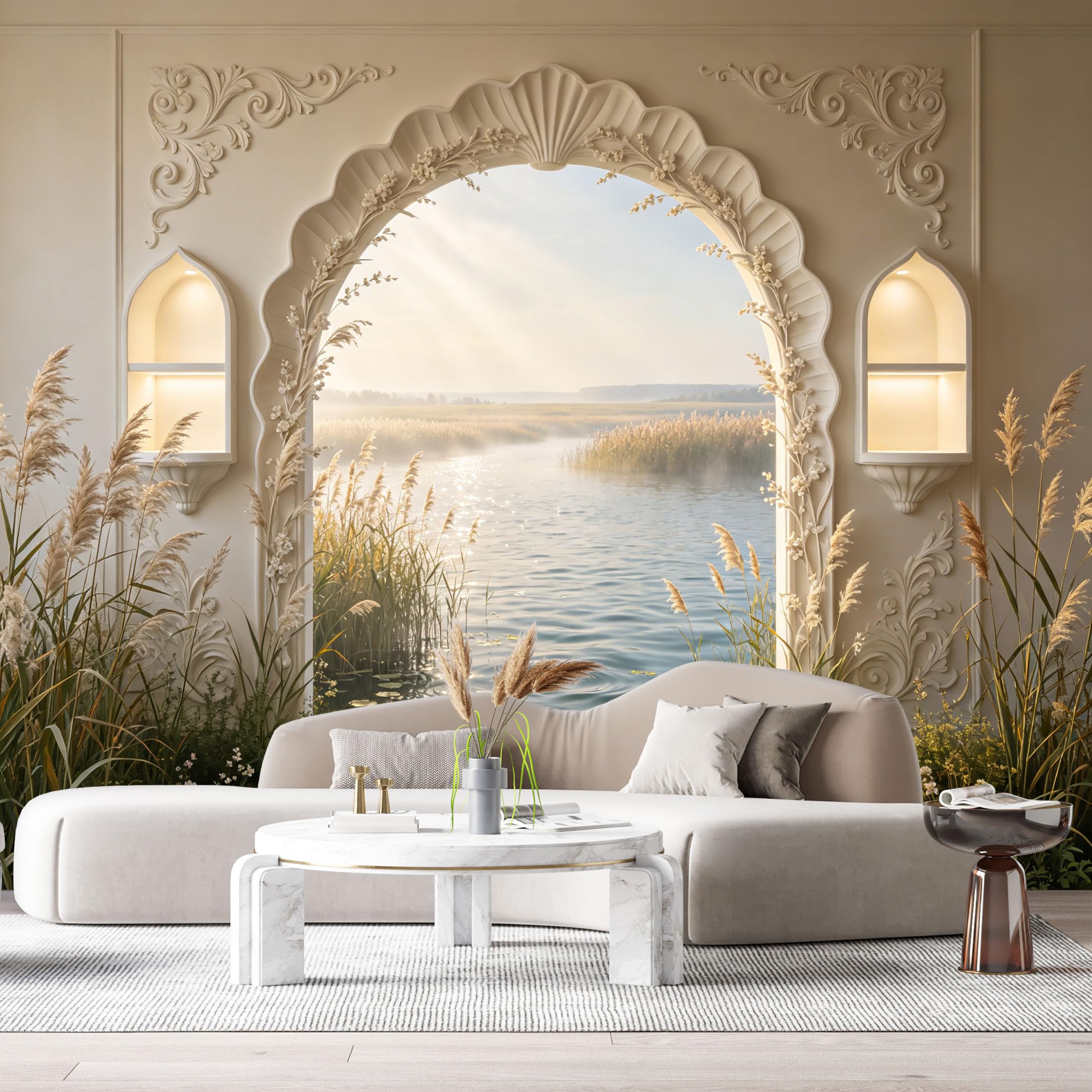 Custom Size Wall Murals Neoclassical Lake Landscape Floral Motif 3D Trompe L'Oeil SelfAdhesiveWall Fabric Removable Wallpaper Wall Decor for Living Room Bedroom Bathroom