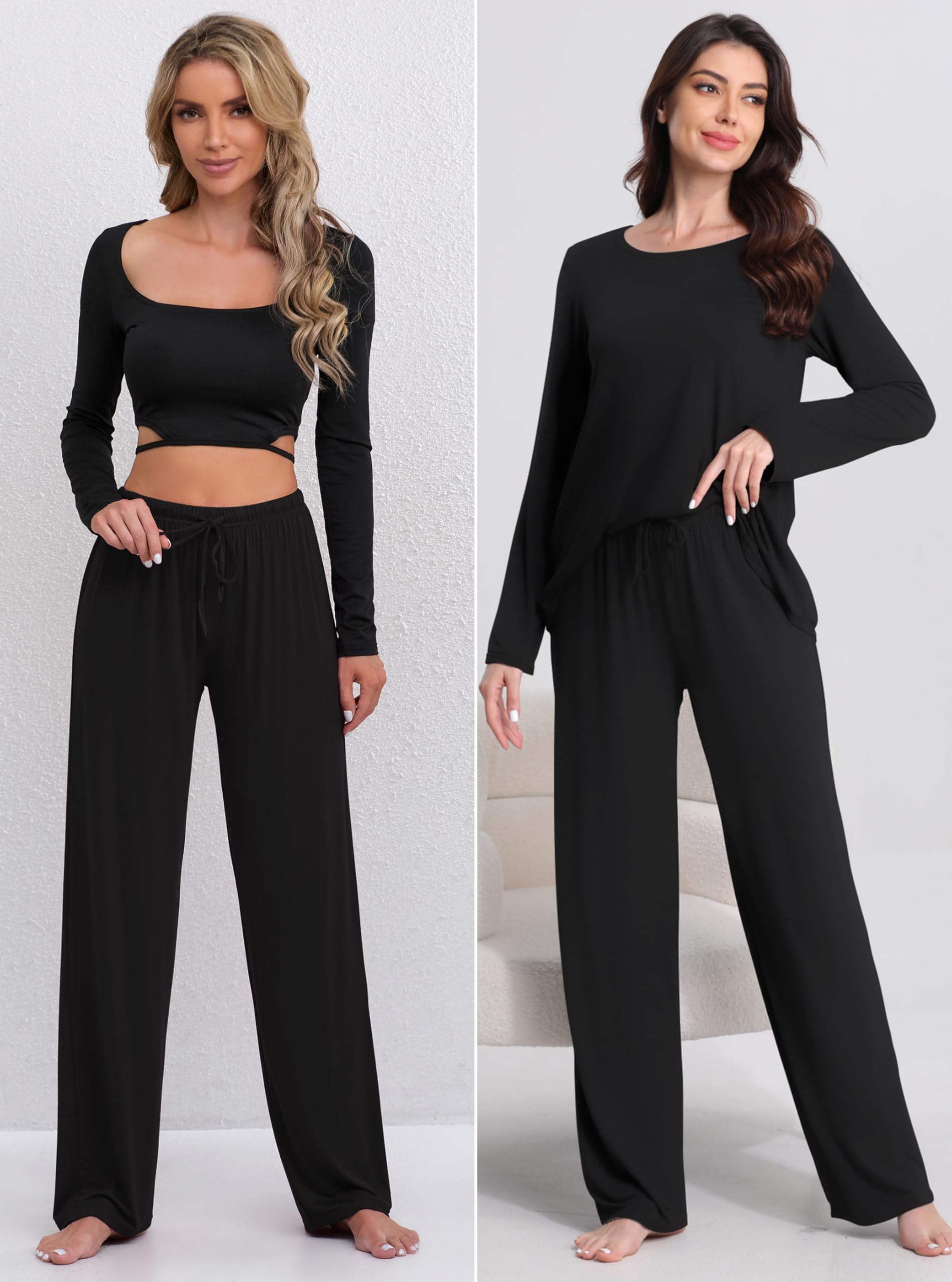 FEQO 2 Pièces Bas de Pyjama Femmes Pantalon de Pyjama Taille Élastique Pantalon Long Lâche Leggings De Yoga femme
