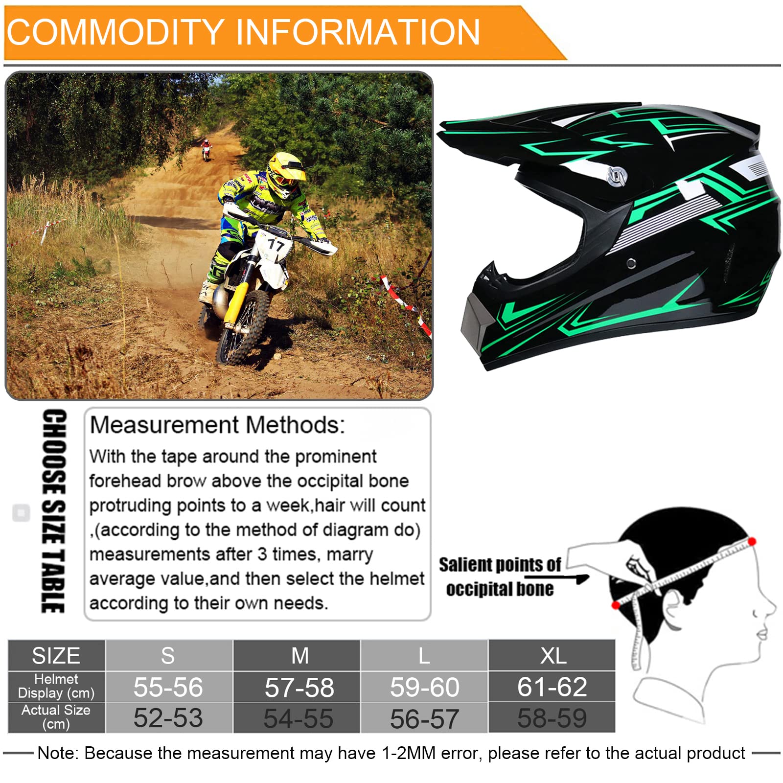 Casco Integrale Da Motocross WYXAXNM Con Occhiali, Guanti E Maschera - ABS Per Adulti E Bambini, Taglie S-XL (55-62 Cm), Certificato ECE