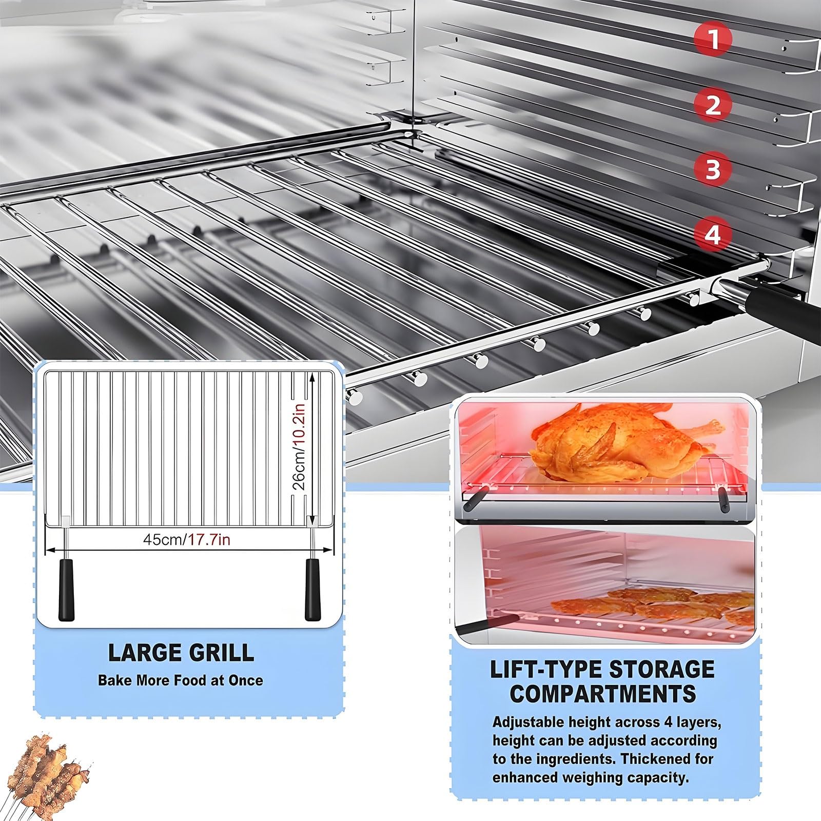 Asador Salamandra De 2000 W, Asador EléCtrico Para Carnes De Acero Inoxidable, Para Encimera, Con Bandeja Recogemigas ExtraíBle, 50 ℃-300 ℃ Para Pizza, Carnes A La Parrilla Y SáNdwiches