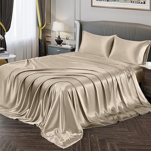 Vonty - Juego de sábanas de satén sedoso, sábana de cajón ajustable de bolsillo profundo + sábana encimera + funda de almohada, Satin, Marrón topo,