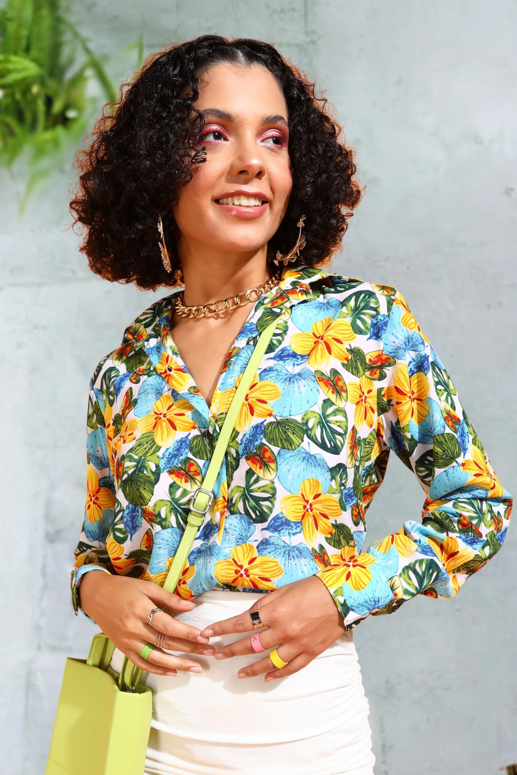 POPWINGS Bedrucktes Hemd mit langen Ärmeln, normale Passform, Polyester, bedruckt, für Damen, stilvolle Western-Freizeitkleidung