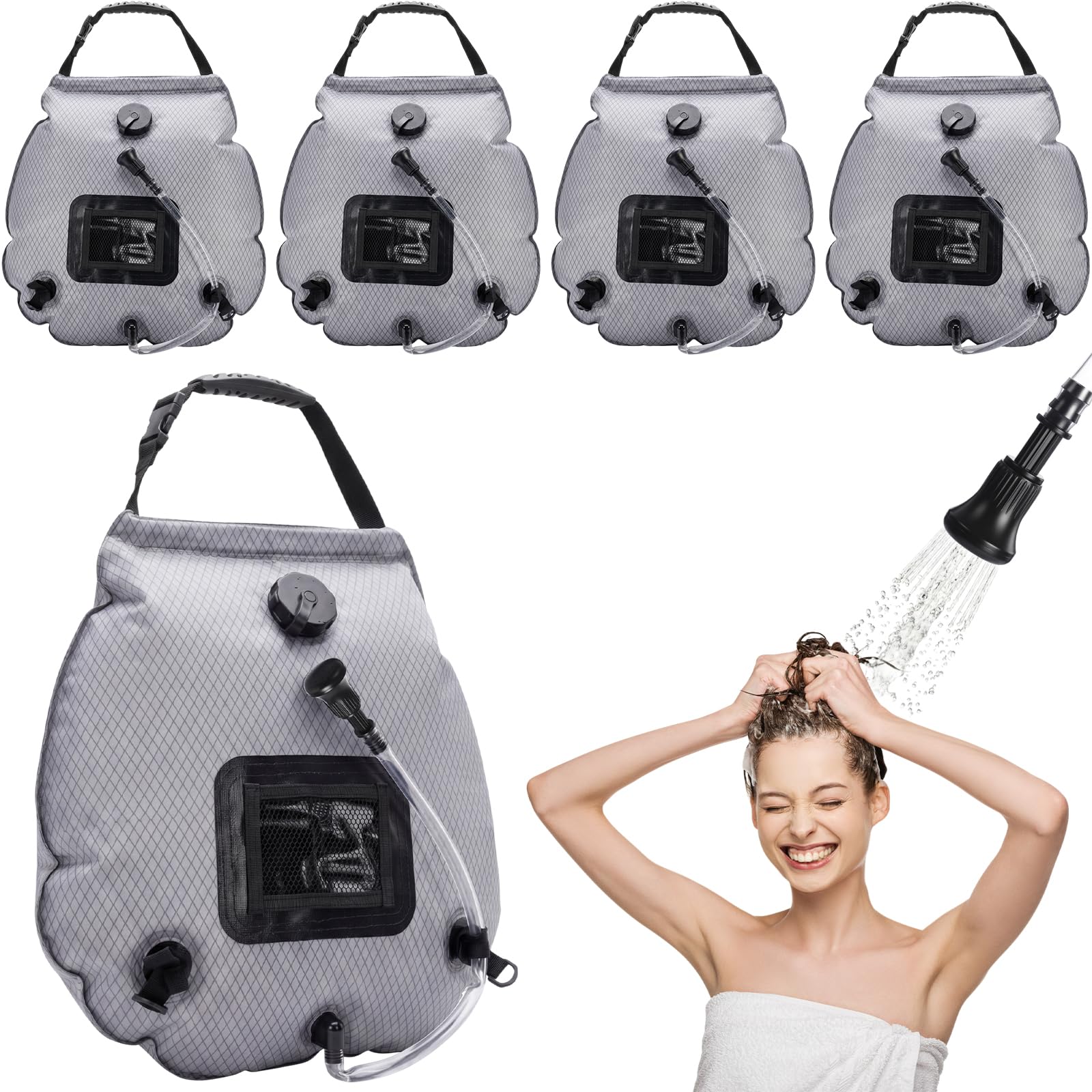 Photo 1 of Hortsun 4 Pack Solar Portable Shower Bag 5 Gal/20l Solar Heating Camping Shower Bag with On-Off Switchable Head and Removable Hose for Outdoor Camping Hiking Traveling Beach Swimming (Gray)
