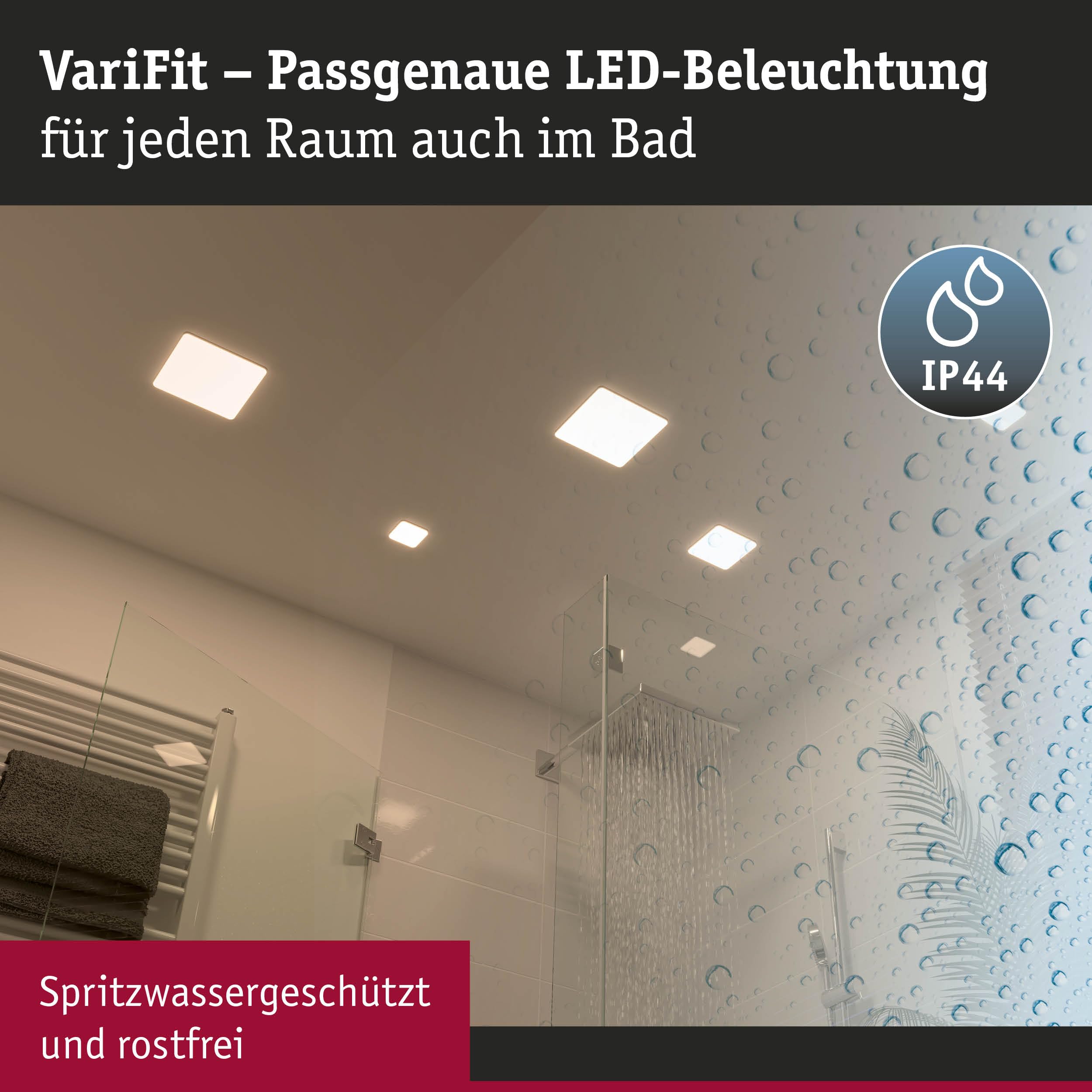 Paulmann 92398 Panel LED, oprawa wpuszczana Veluna VariFit, IP44 185x185mm czworok., w kompl. oprawa sufitowa 1x17,5 W satyn. tworzywo sztuczne 4000 K